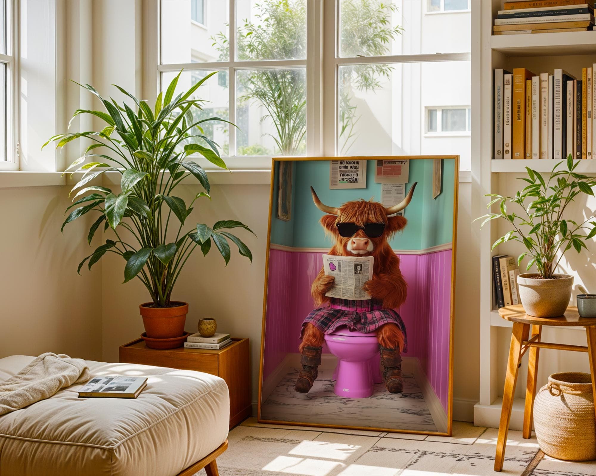 Cute Highland Cow Sitting on Toilet, Quirky Pink Toilet Decor, Pink Bathroom Aesthetic Print, Quirky Toilet Poster, Funny animal on toilet - view 2