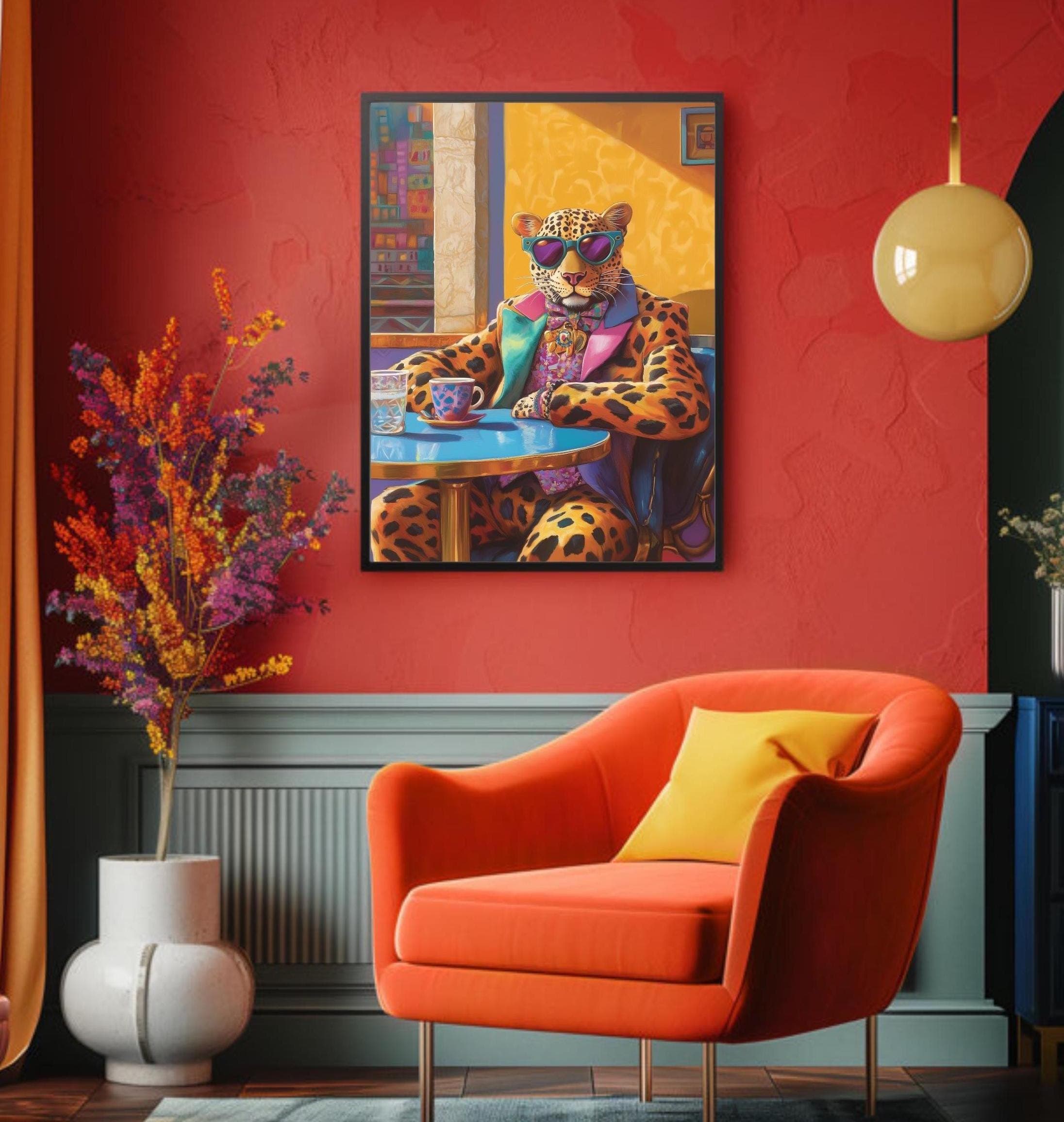 Funky Leopard Print, Maximalist Eclectic Wall Art, Preppy Decor, Colorful Art, Apartment Decor, Dopamine Decor, Pink and Orange Wall Art - view 4