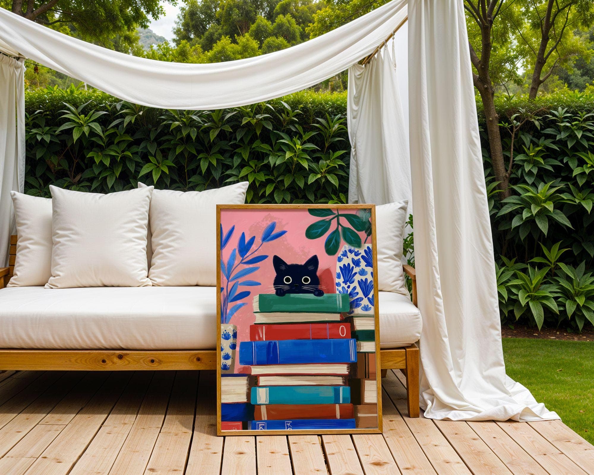 Whimsical Black Cat Wall Art, Book Lover Cat Art, Playful Black Cat Poster, Funny Black Cat Digital Painting, Pink Aesthetic Black Cat Decor - view 6