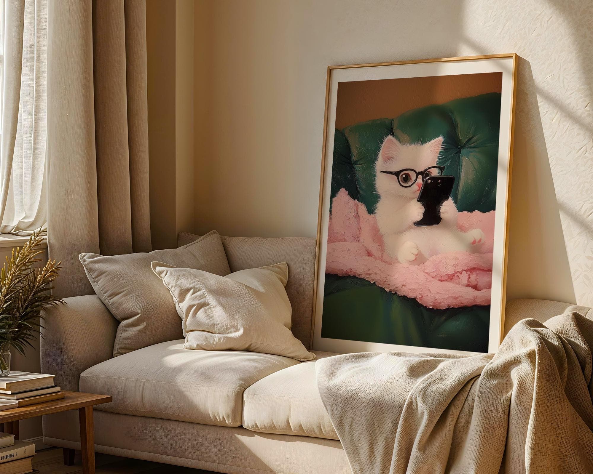 Cute Animal Wall Print, Funny Whimsical Home Decor, Adorable Cat with Smartphone, Digital Download, Funny White Cat Wall Art, Cute Cat Decor - view 2