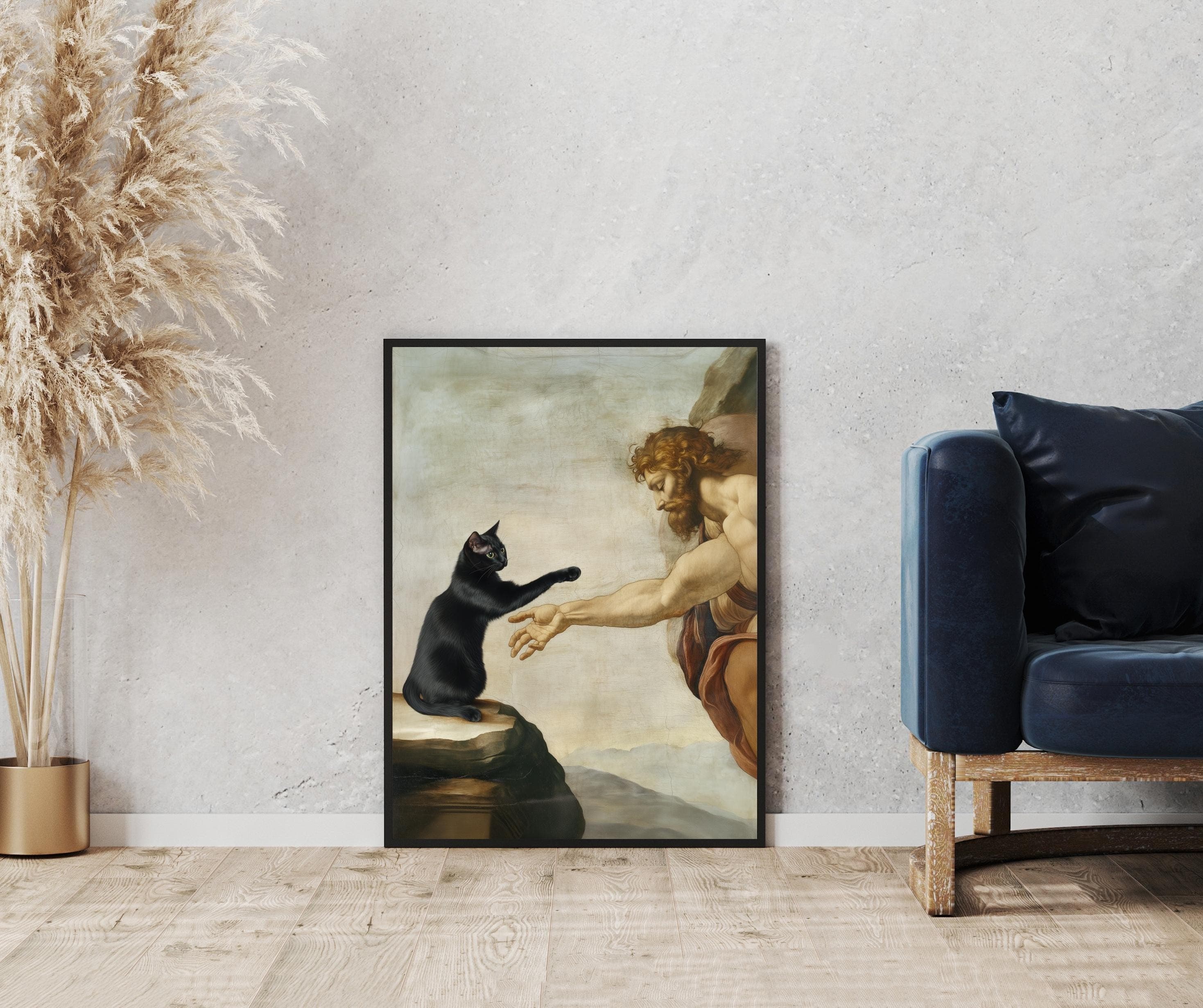 Creation of Adam with Black Cat – Classical Art Parody Poster, Funny Black Cat in Creation of Adam – Art Print, Black Cat Classic Poster - view 5