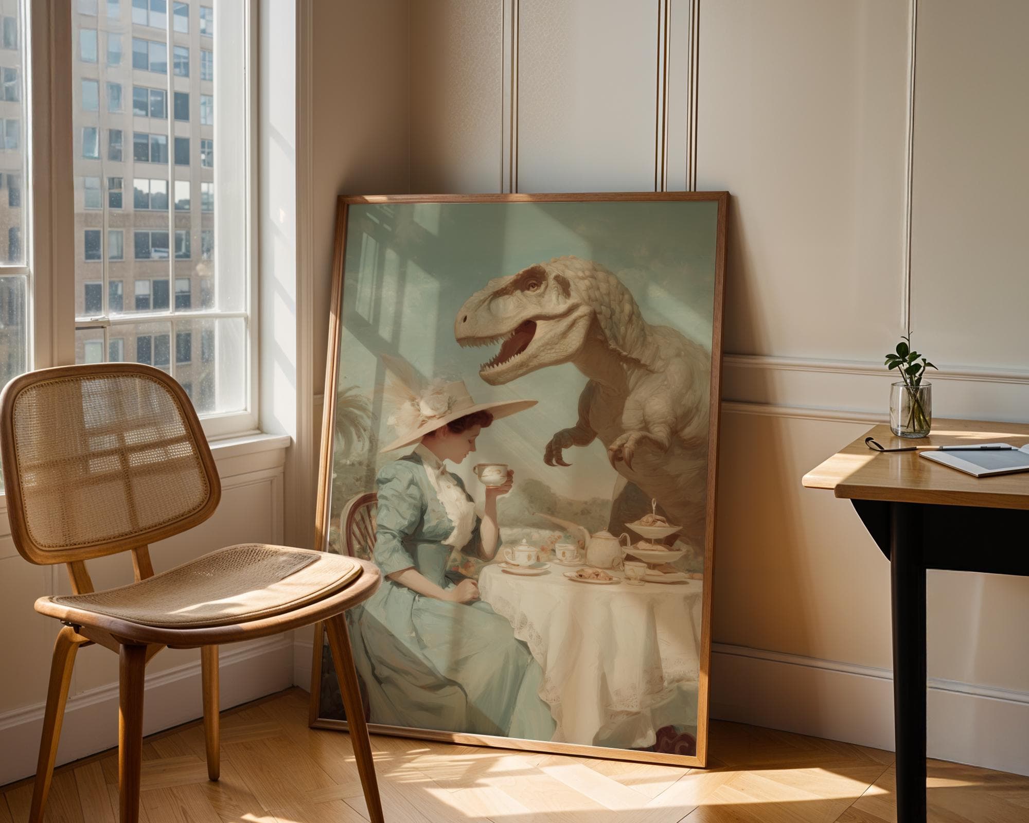 Quirky Victorian Woman with Dinosaur Wall Print, Whimsical Dinosaur Wall Decor, Vintage Surreal Wall Art, Quirky Dinosaur Wall Art, Surreal - view 3