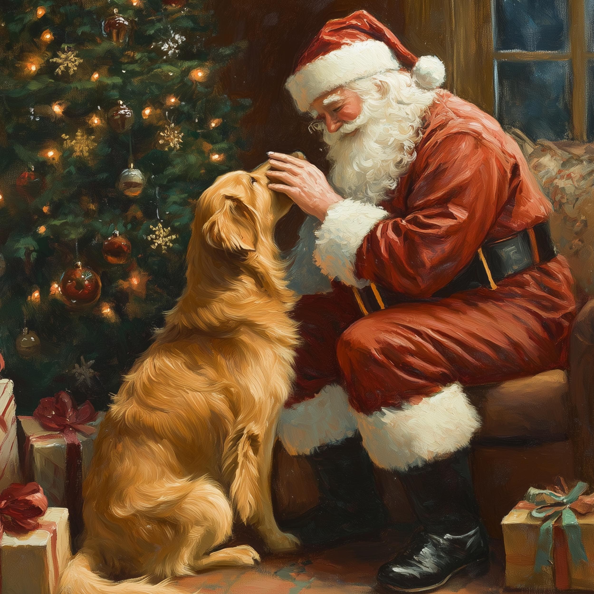 Santa and Golden Retriever - Cozy Christmas Wall Art Print, Warm Holiday Wall Art Print, Golden Retriever Christmas Art, Digital Download - view 2