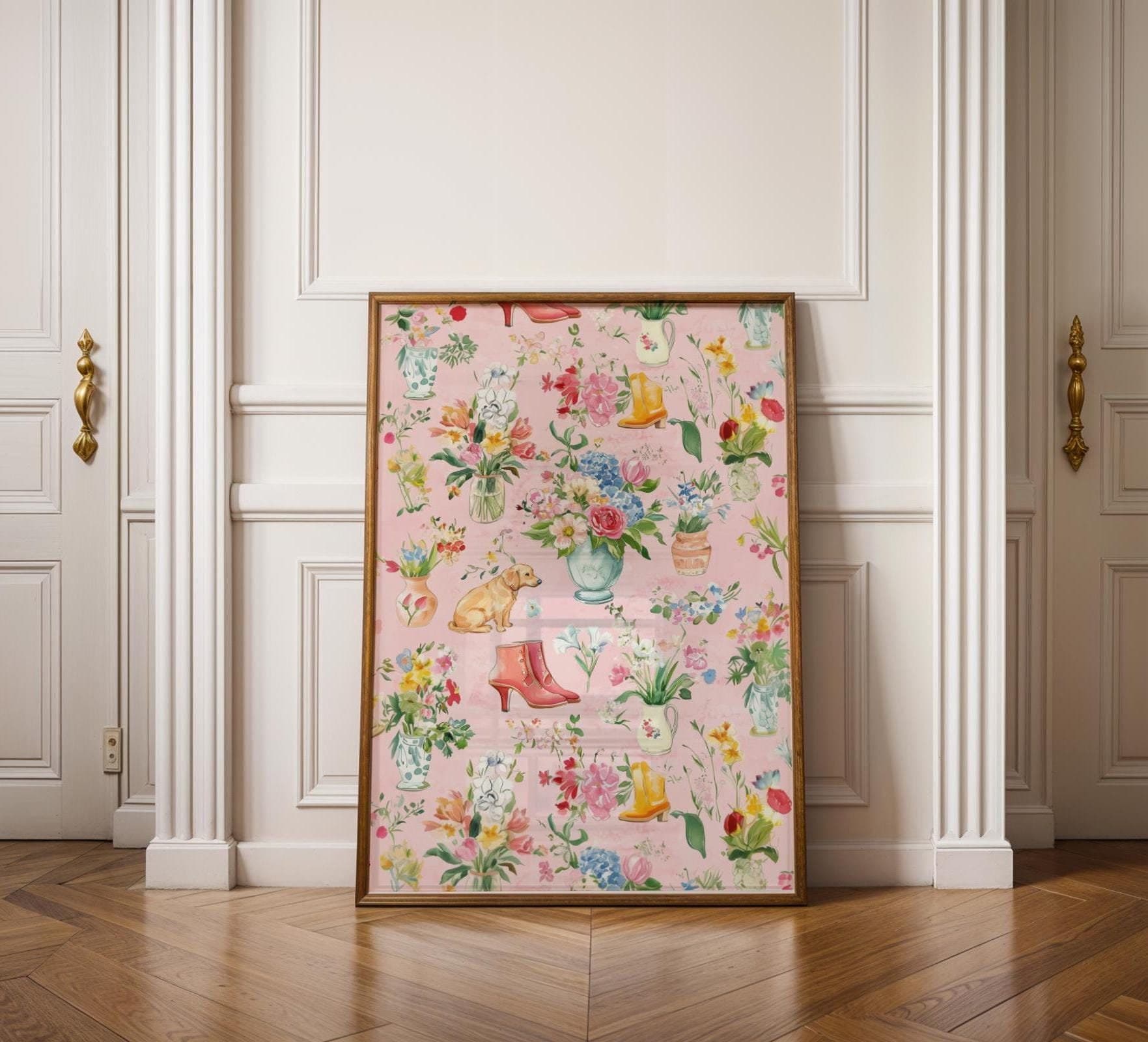 Watercolor Flower and Boots Wall Art, Pink Botanical Poster for Girls' Rooms, Pink Vintage Floral Wall Art with Dog, Boots, and Vases