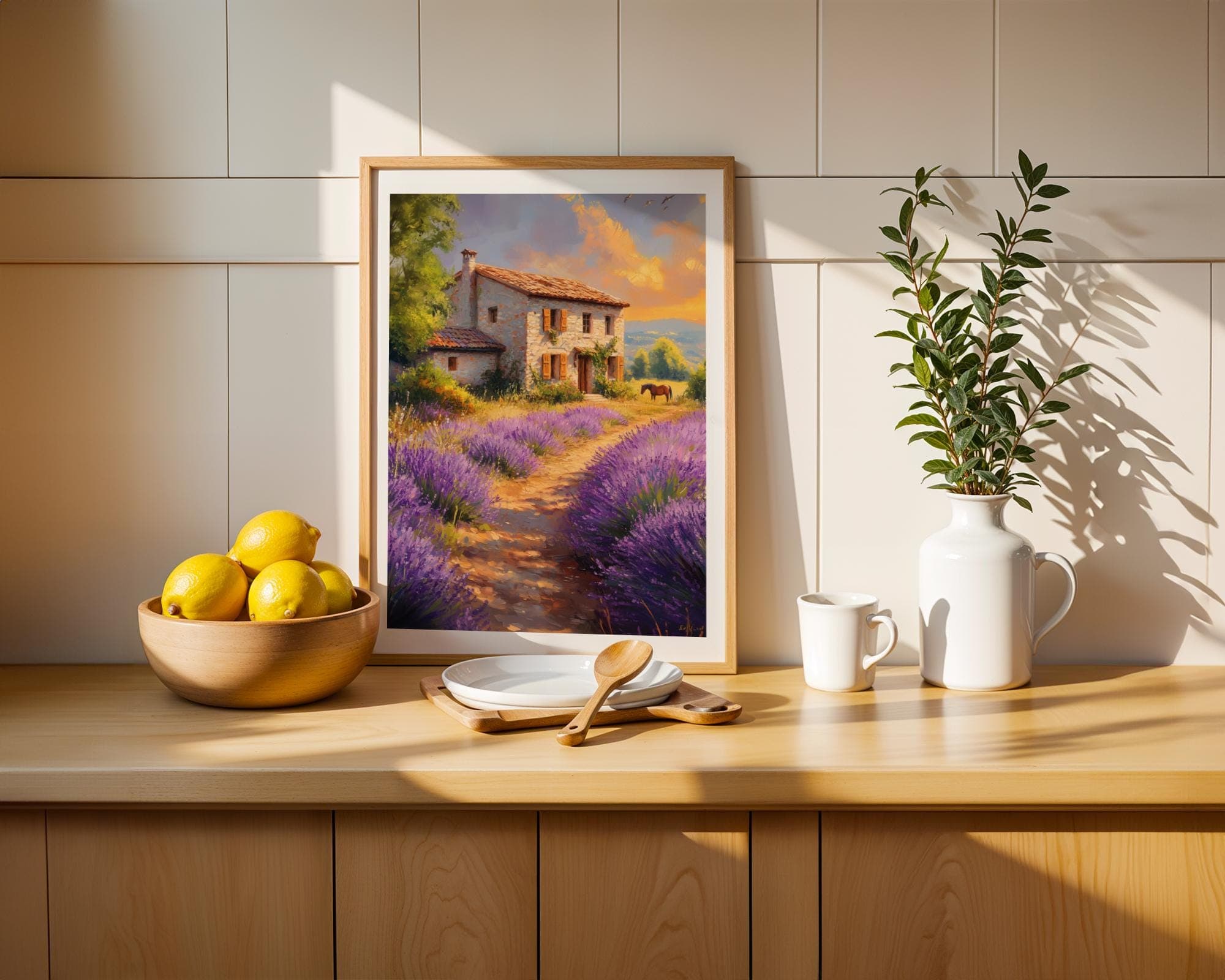 Lavender Farmhouse Wall Art, Rustic Provence Cottage Wall Decor, Stone Cottage Wall Art, Horse and Lavender Meadow Painting, Country Decor - view 6