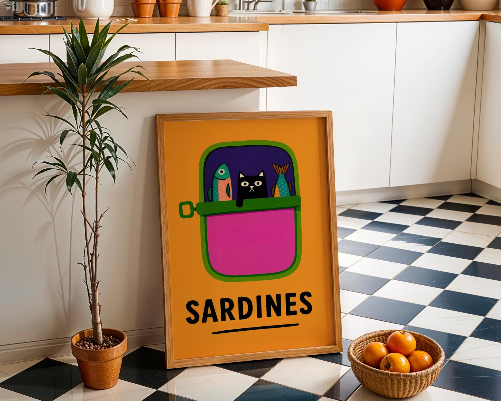 Funny Black Cat Wall Art, Black Cat in Sardine Tin with Colorful Fish, Funny Kitchen Wall Art, Sardine Tin Wall Art, Retro Pop Art Print - view 2