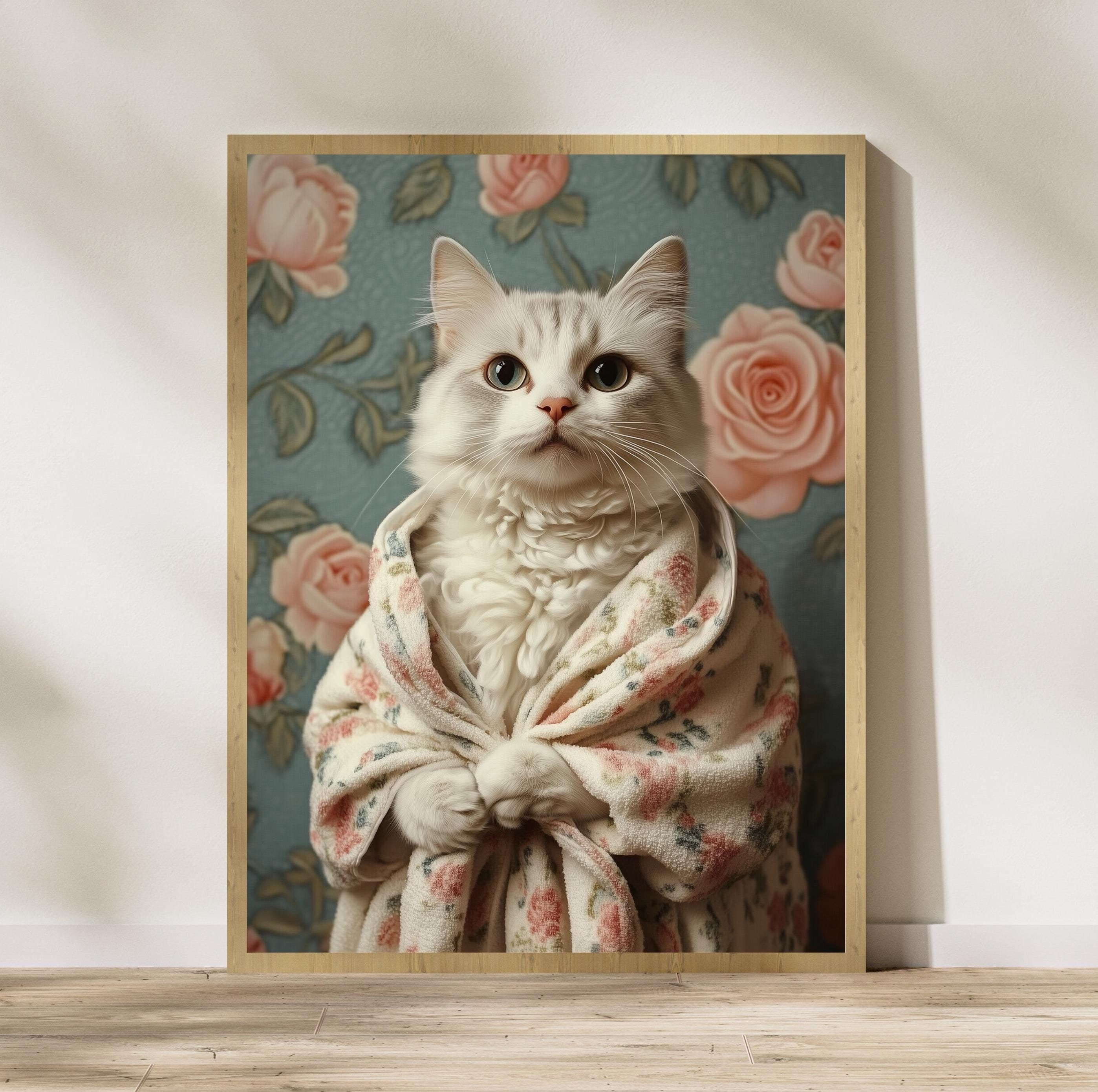 Tabby Cat in Bathrobe DIGITAL DOWNLOAD, Cat PRINTABLE Wall Art, Fluffy White Cat Wall Art - Vintage Floral Digital Print, Cute Cat Wall Art