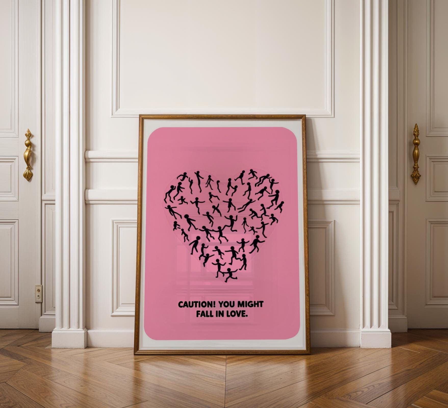 Caution Love Wall Decor - Cute Minimalist Pink Poster, Valentine's Day Wall Art, Abstract Pink Heart Art - Romantic Wall Art for Couples