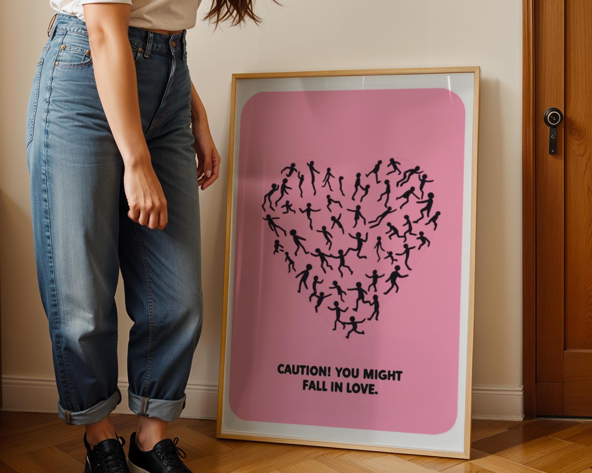 Caution Love Wall Decor - Cute Minimalist Pink Poster, Valentine's Day Wall Art, Abstract Pink Heart Art - Romantic Wall Art for Couples - view 5