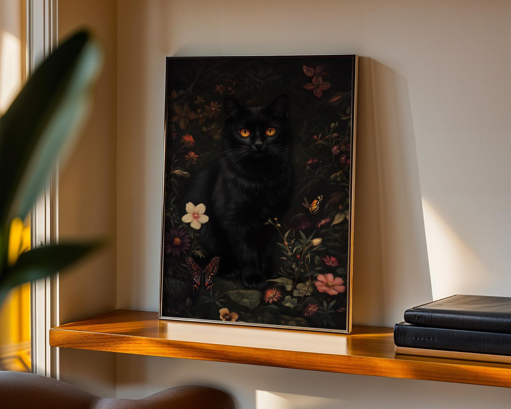 Floral Black Cat Print, Flower Cat Vintage Poster, Dark Academia Printable, Dark Cottagecore Decor, Gothic Oil Painting, Whimsical Black Cat - view 7