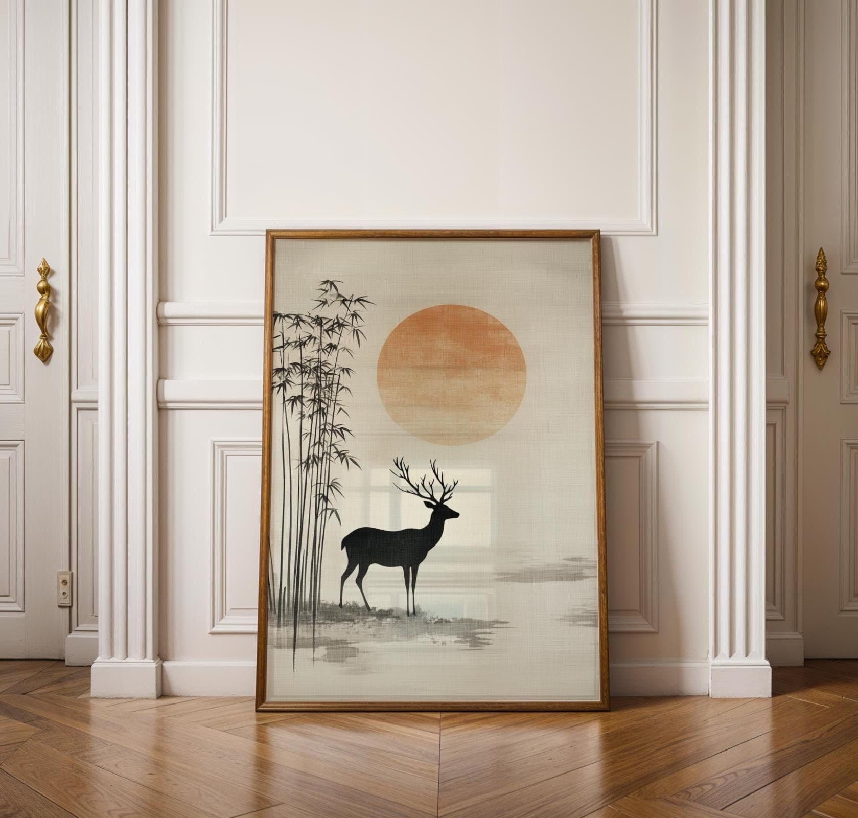 Japandi Deer Wall Art – Minimalist Bamboo Sunset Print – Zen Nature Poster, Japanese Wall Art, Wabi Sabi Wall Art, Japanese Poster,Printable