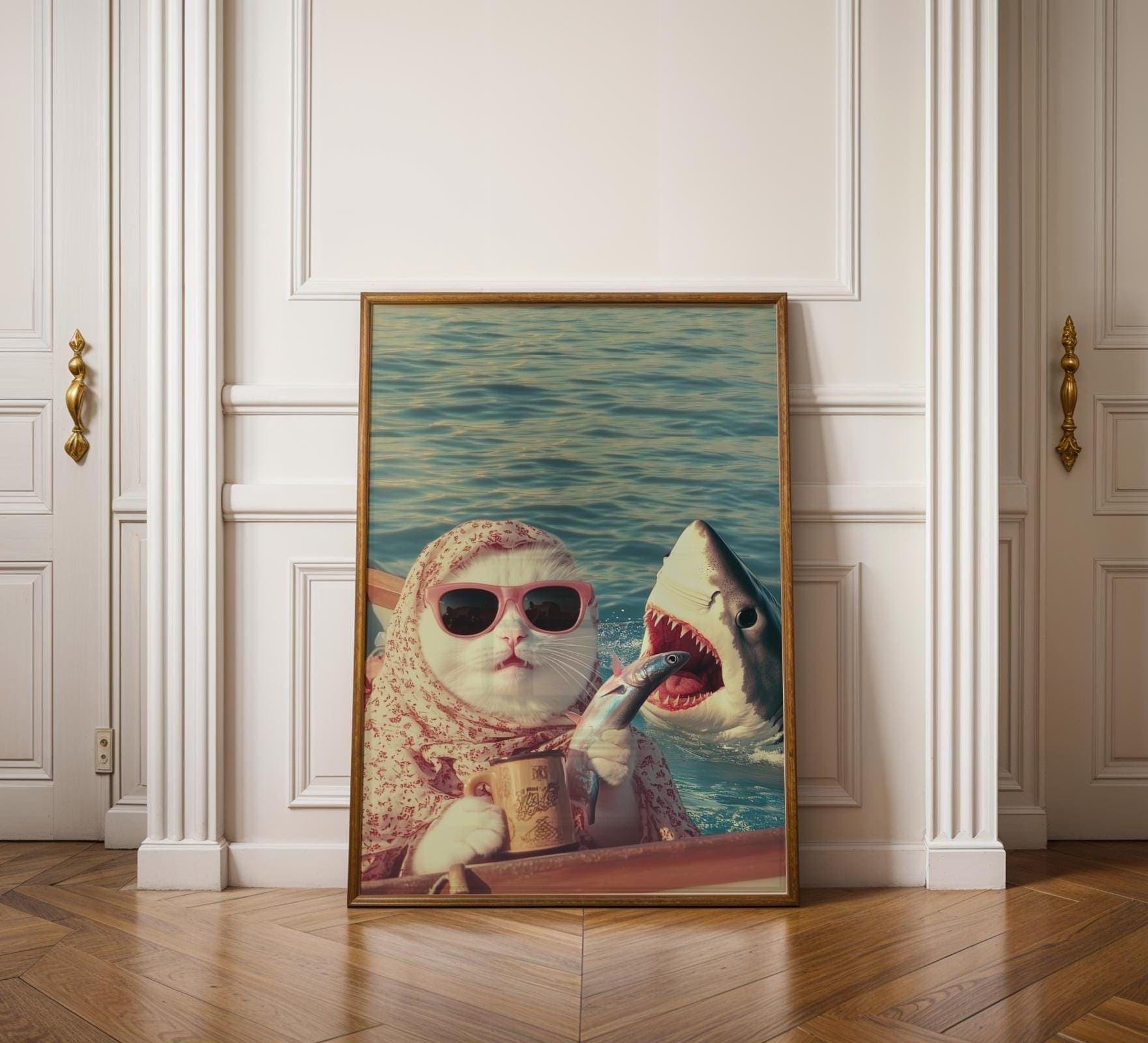 Funny Cat and Shark Wall Art, Funny Animal Art, Quirky Art Print, Quirky Cat Poster, Maximalist Cat Wall Art, Humorous Poster, Digital Art