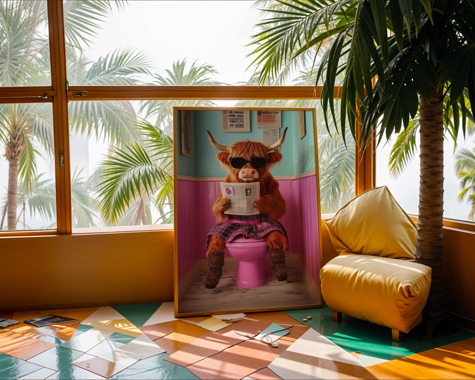 Cute Highland Cow Sitting on Toilet, Quirky Pink Toilet Decor, Pink Bathroom Aesthetic Print, Quirky Toilet Poster, Funny animal on toilet - view 4