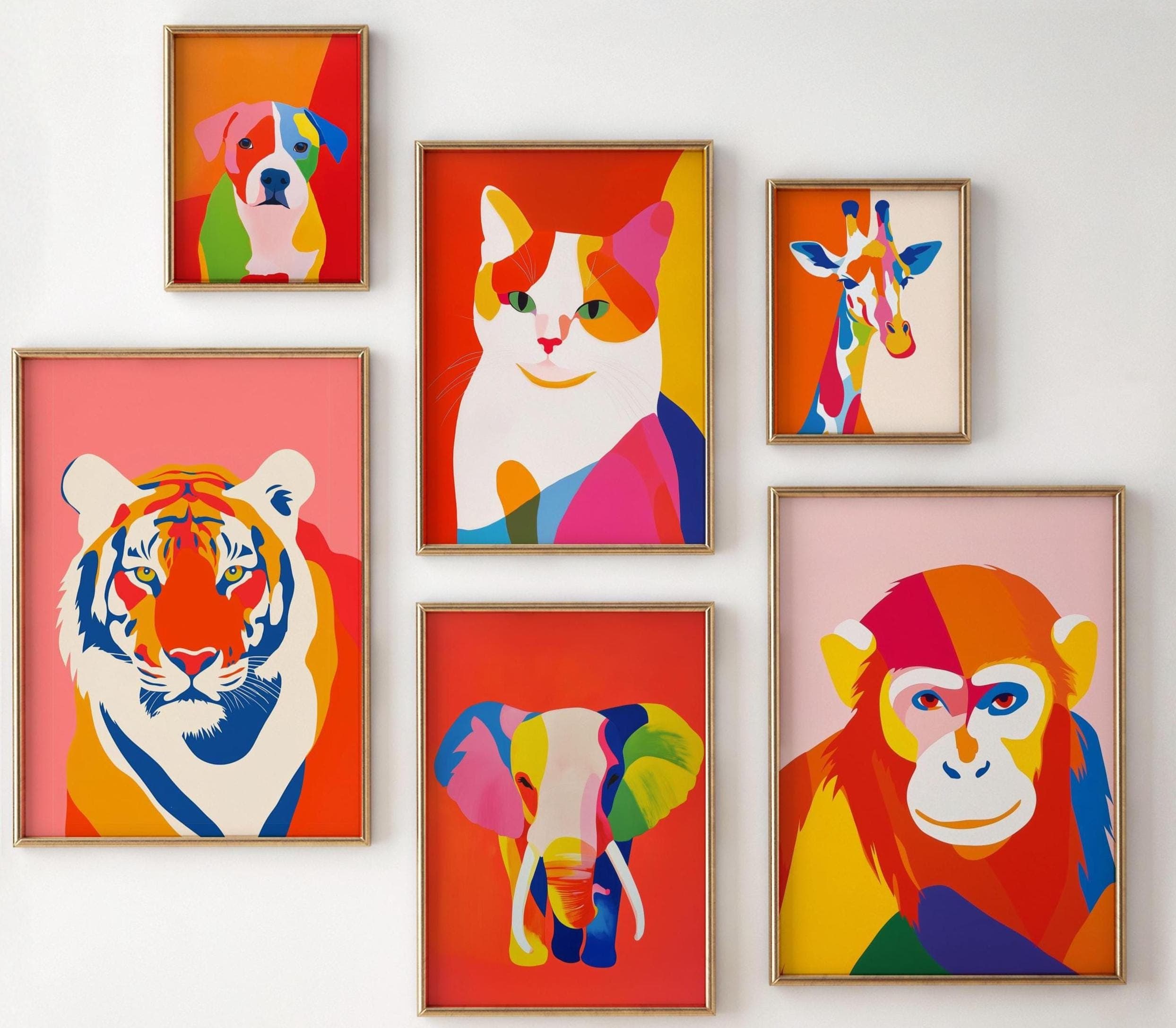 Colorful Animal Wall Decor, Modern Animal Art Prints, Set of 6 with Colorful Prints, Colorful Dog, Cat, Elephant, Giraffe, Tiger, Monkey Art