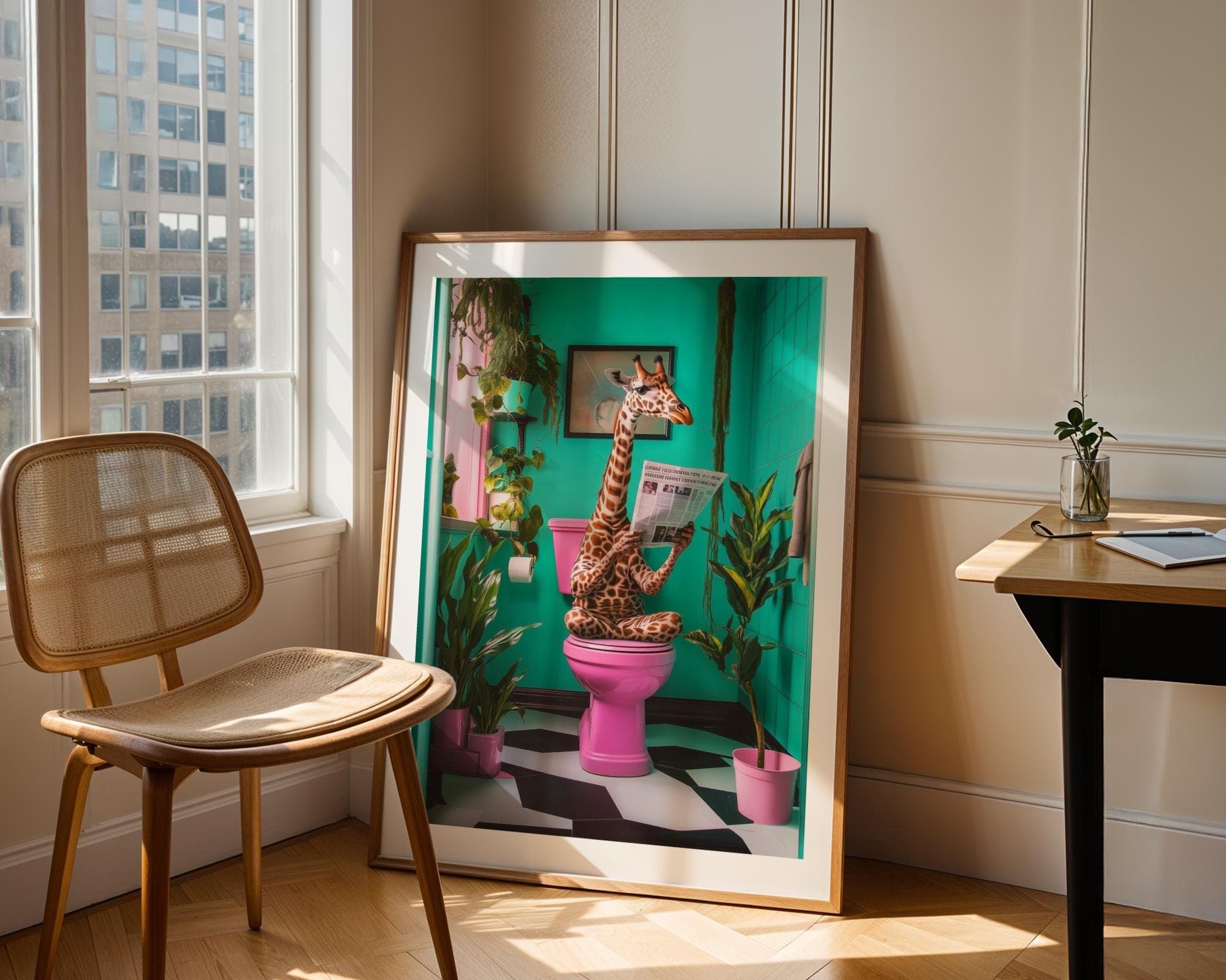 Funny Giraffe Bathroom Art Giraffe on toilet Funny Bathroom Decor, Printable Digital Download, Funky Pink Toilet Art, Quirky Animal Art - view 5