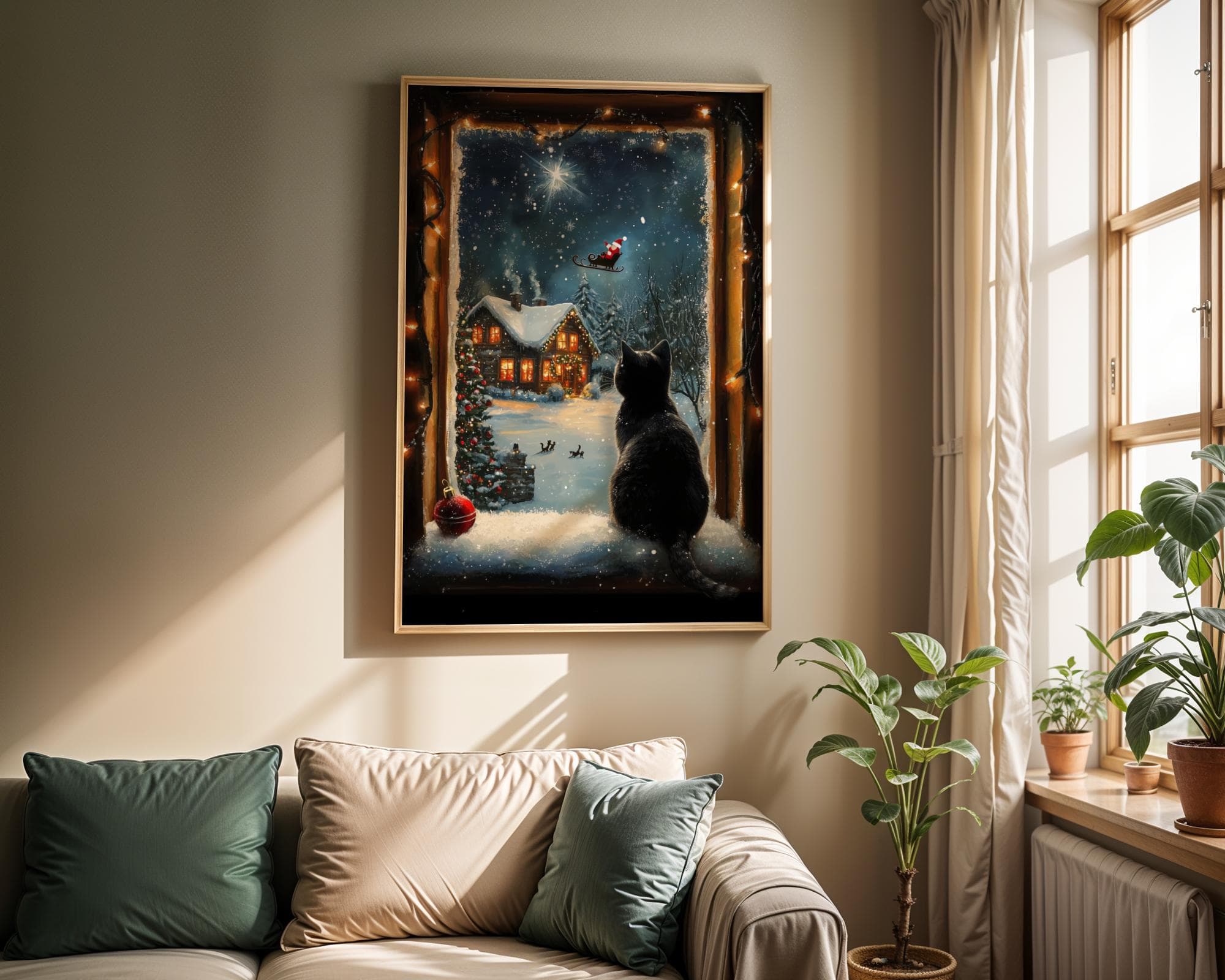 Black Cat Christmas Art Print: Santa, Snowy Cabin (Digital Download) - view 6