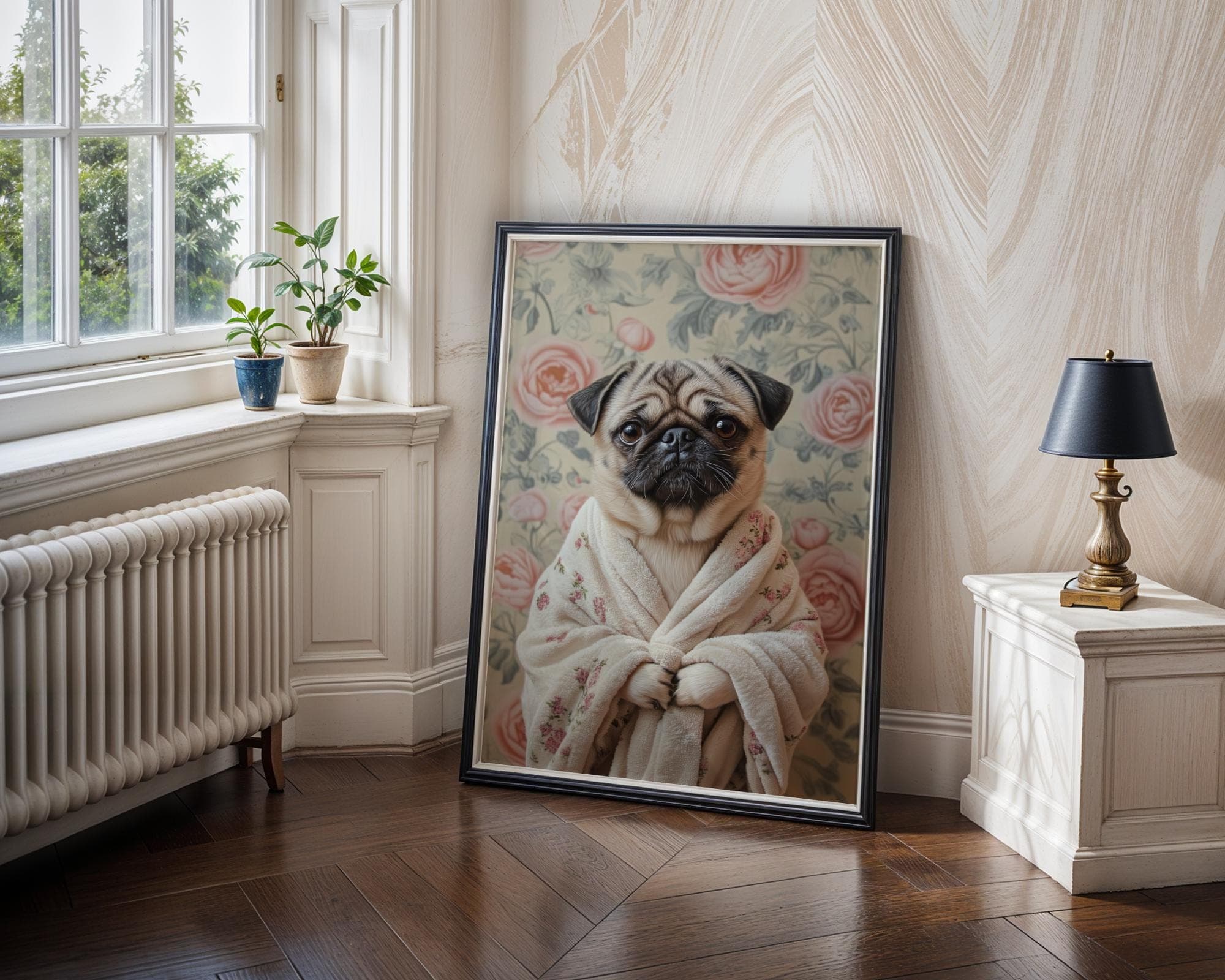 Pug in Bathrobe DIGITAL DOWNLOAD, Dog Printable Wall Art, Floral Dog Print, Funny Pet Decor, Dog Lover Gift, Retro Dog Poster, Funny Pug Art - view 4