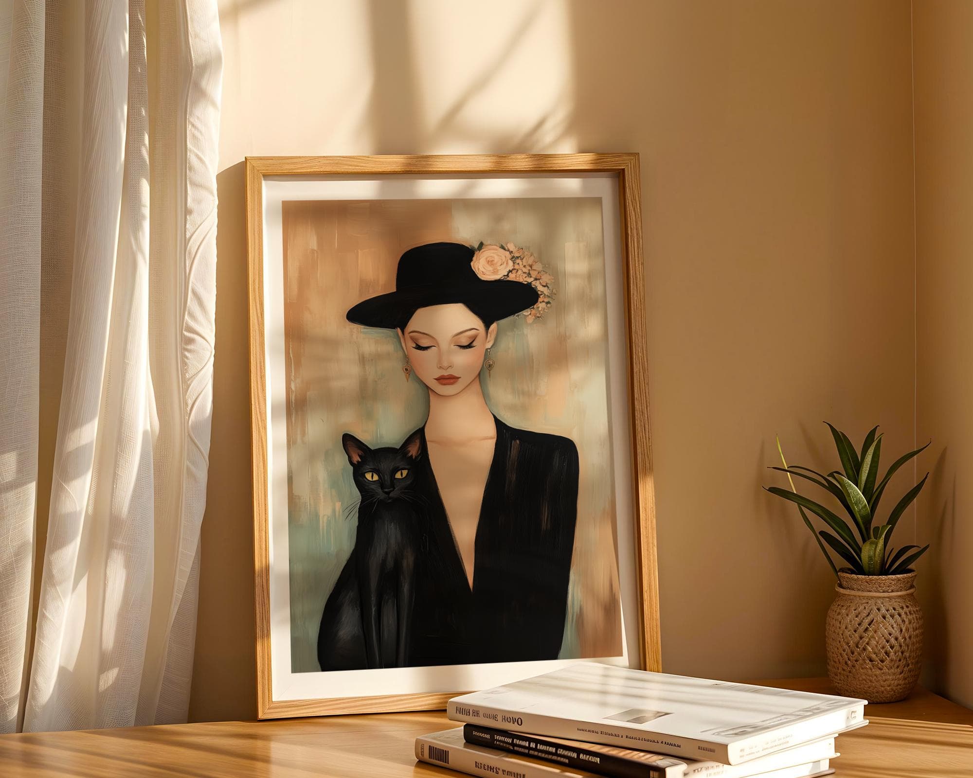 Black Cat and Lady Portrait - Modern Vintage Aesthetic Digital Art, Classy Lady with Black Cat Poster, Vintage Woman Art, Black Cat Portrait - view 4