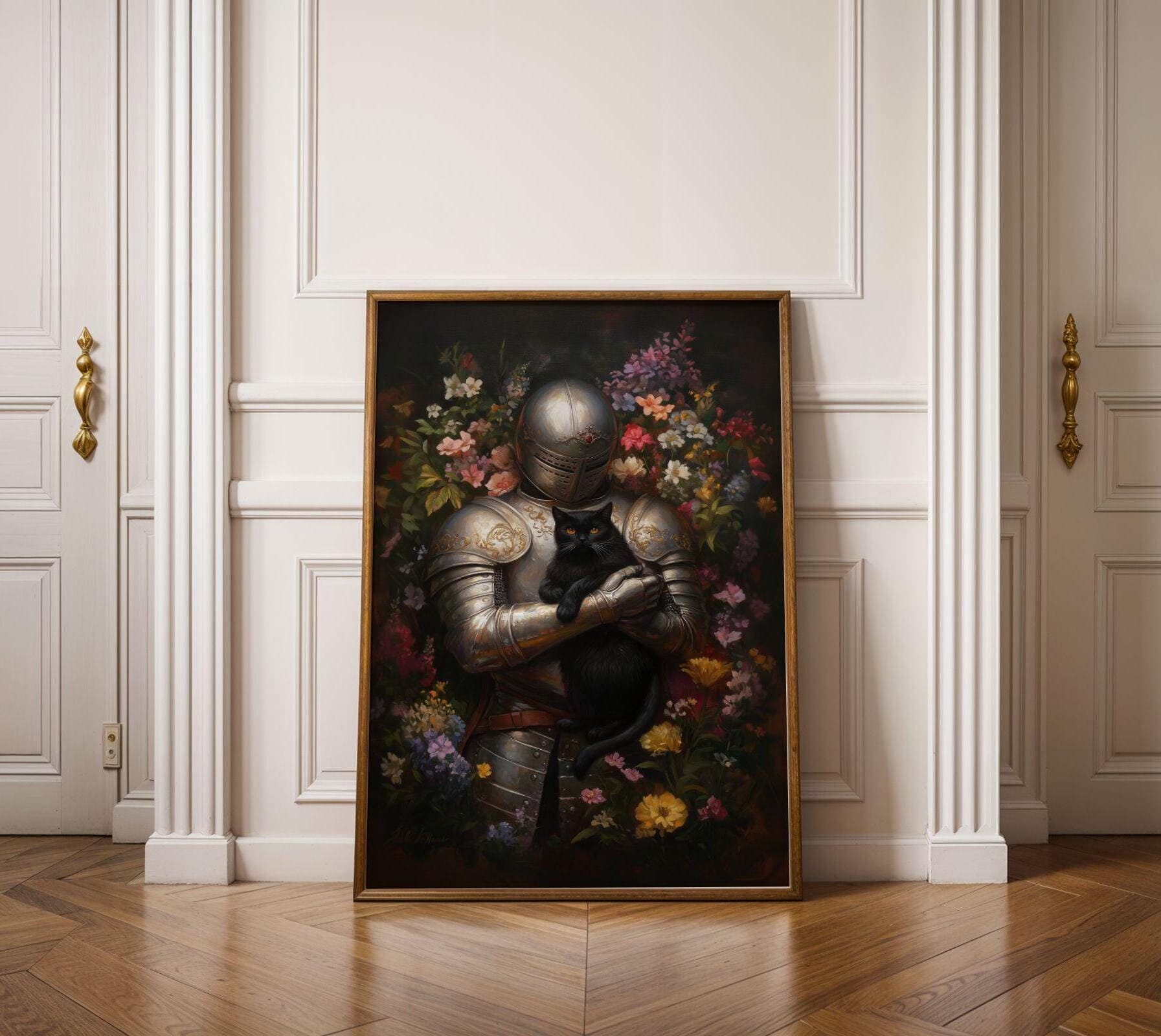Medieval Knight and Black Cat Painting, Medieval Fantasy Painting, Fantasy Art, Whimsical Cat Decor, Digital, Maximalist, Floral Art Decor