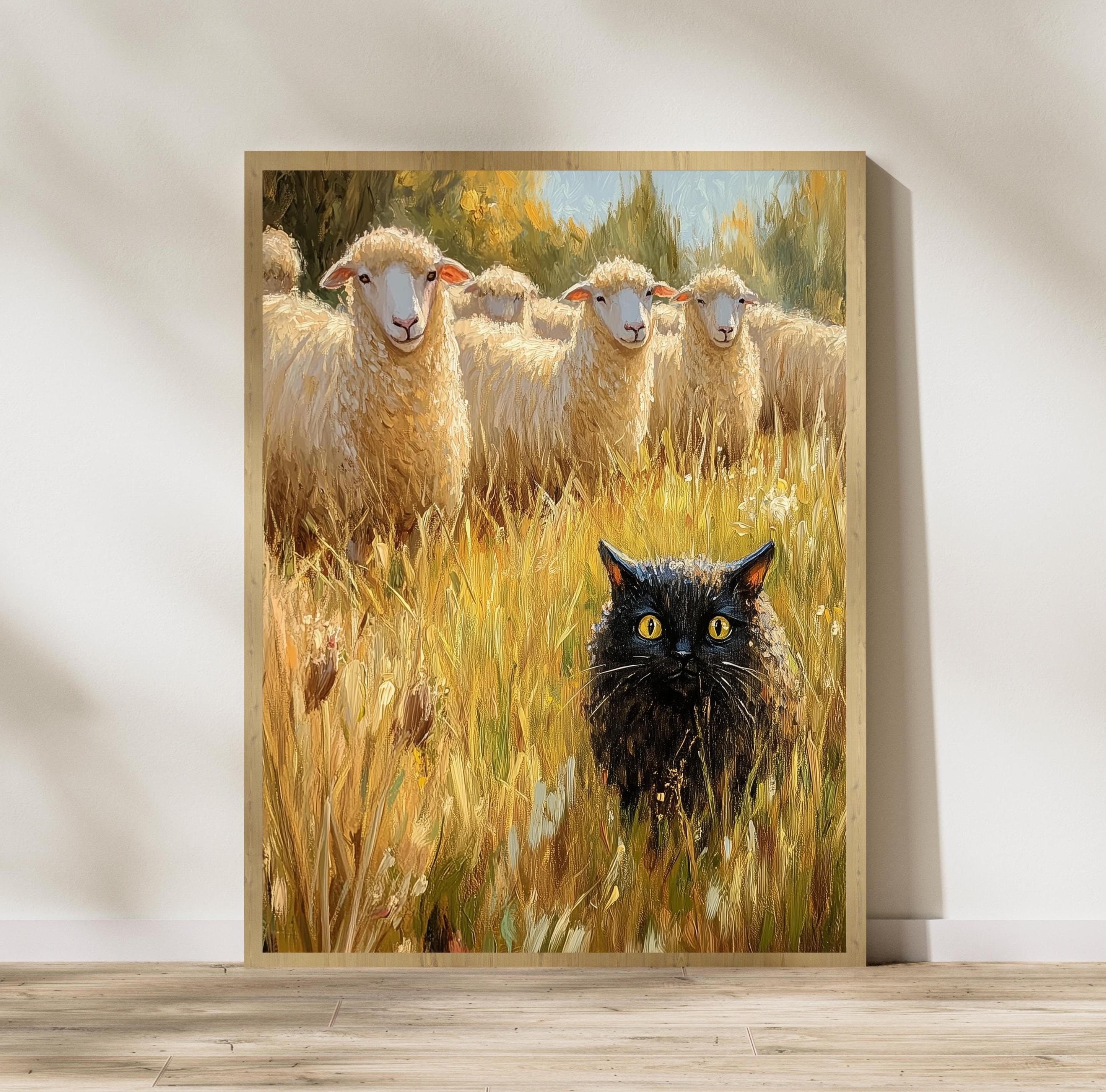 Funny Black Cat with Sheep – Whimsical Farm Wall Art, Rustic Farmhouse Art, Funny Wall Decor, Funny Black Cat Wall Poster, Quirky Black Cat