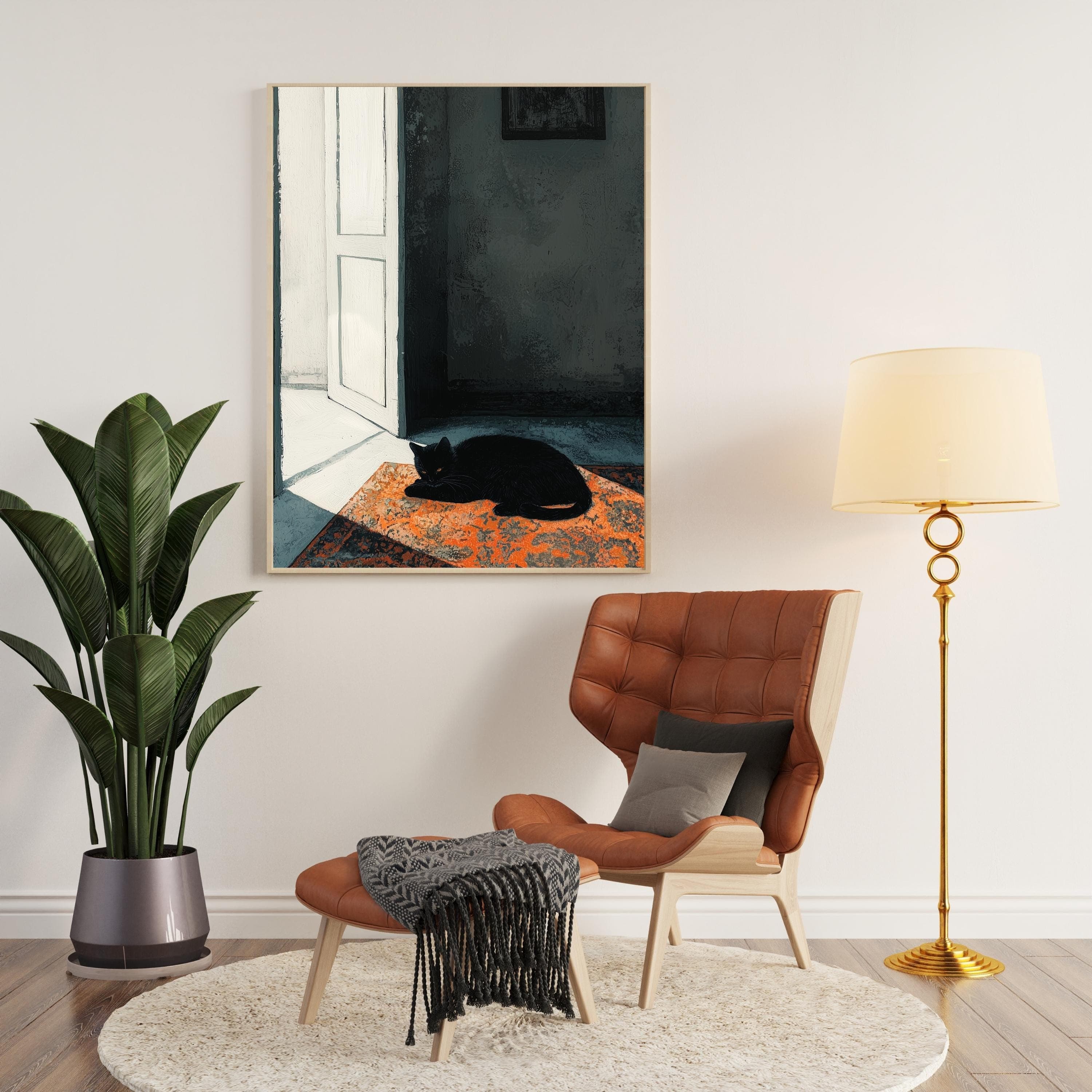 Moody Black Cat in Sunlit Room, Dark Minimalist Art, Black Cat Digital Download, Black Cat Poster, Maximalist Black Cat Art, Cat Lover Gİft - view 2
