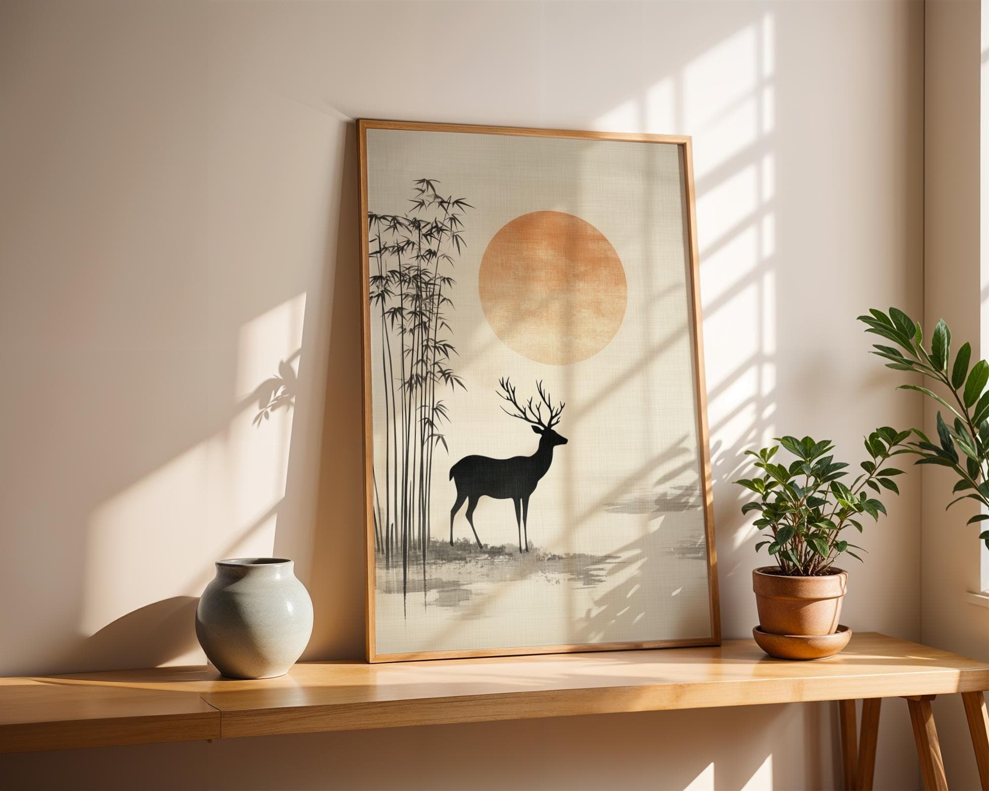 Japandi Deer Wall Art – Minimalist Bamboo Sunset Print – Zen Nature Poster, Japanese Wall Art, Wabi Sabi Wall Art, Japanese Poster,Printable - view 5