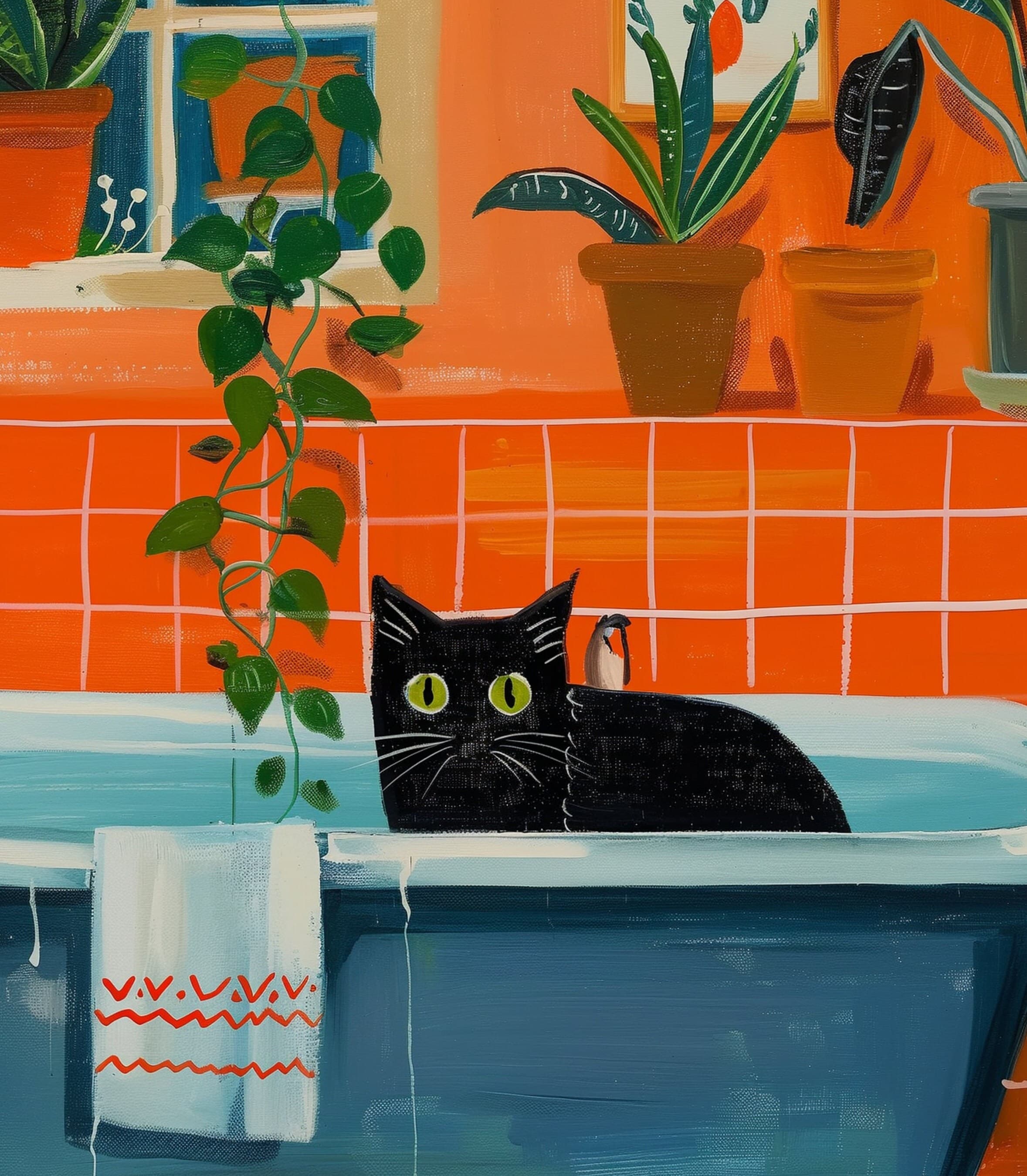 Bath Cat Print Funny, Orange Painting Poster, Animal Wall Art, Digital Wall Art, Bathtube Wall Art, Cat in Bathroom Art, Maximalist Cat Art - view 2