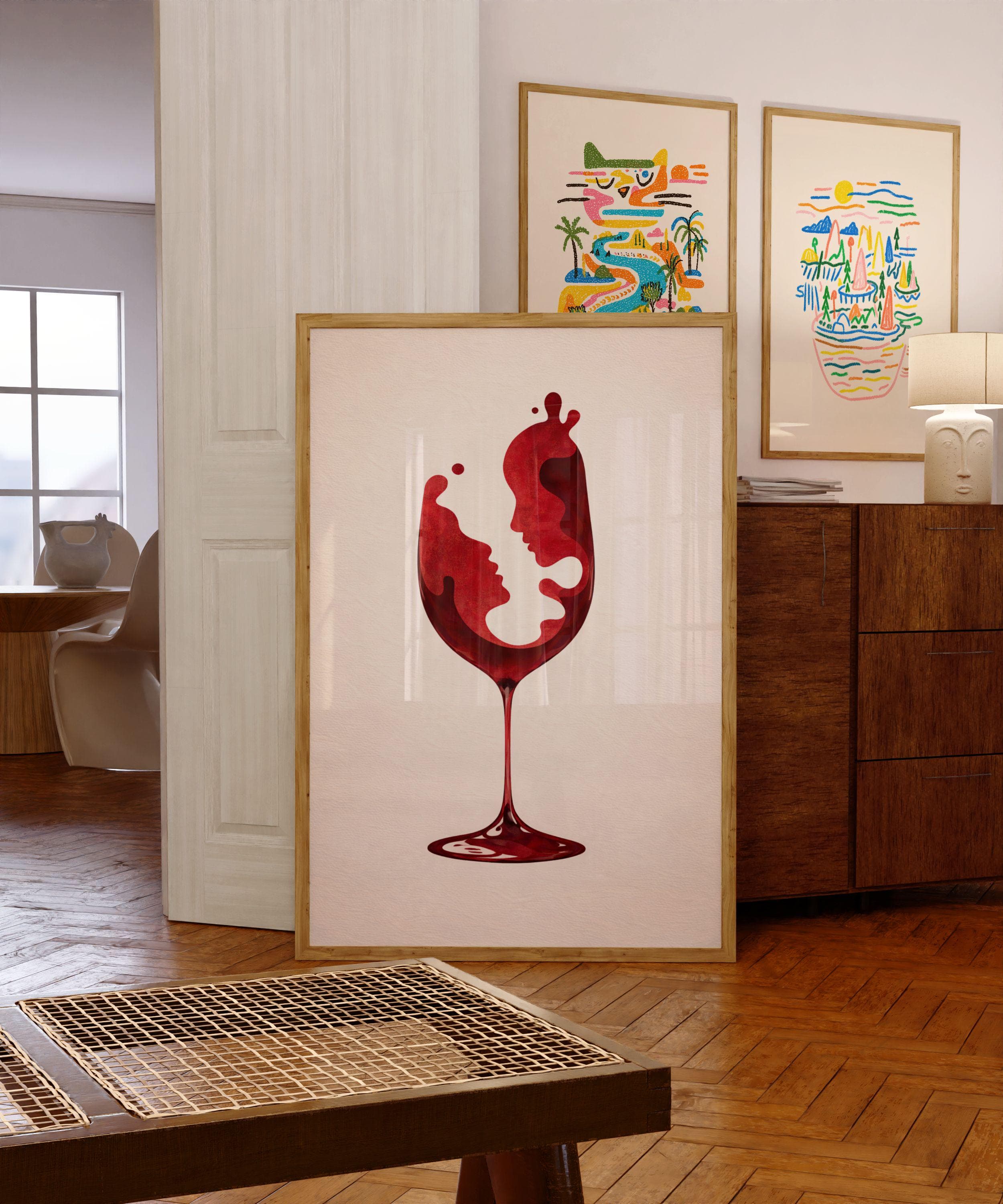 Red Wine Glass Wall Art Print, Romantic Couple Face Abstract Poster, Modern Dining Room Bar Decor, Minimalist Love Art, Bar Cart Decor