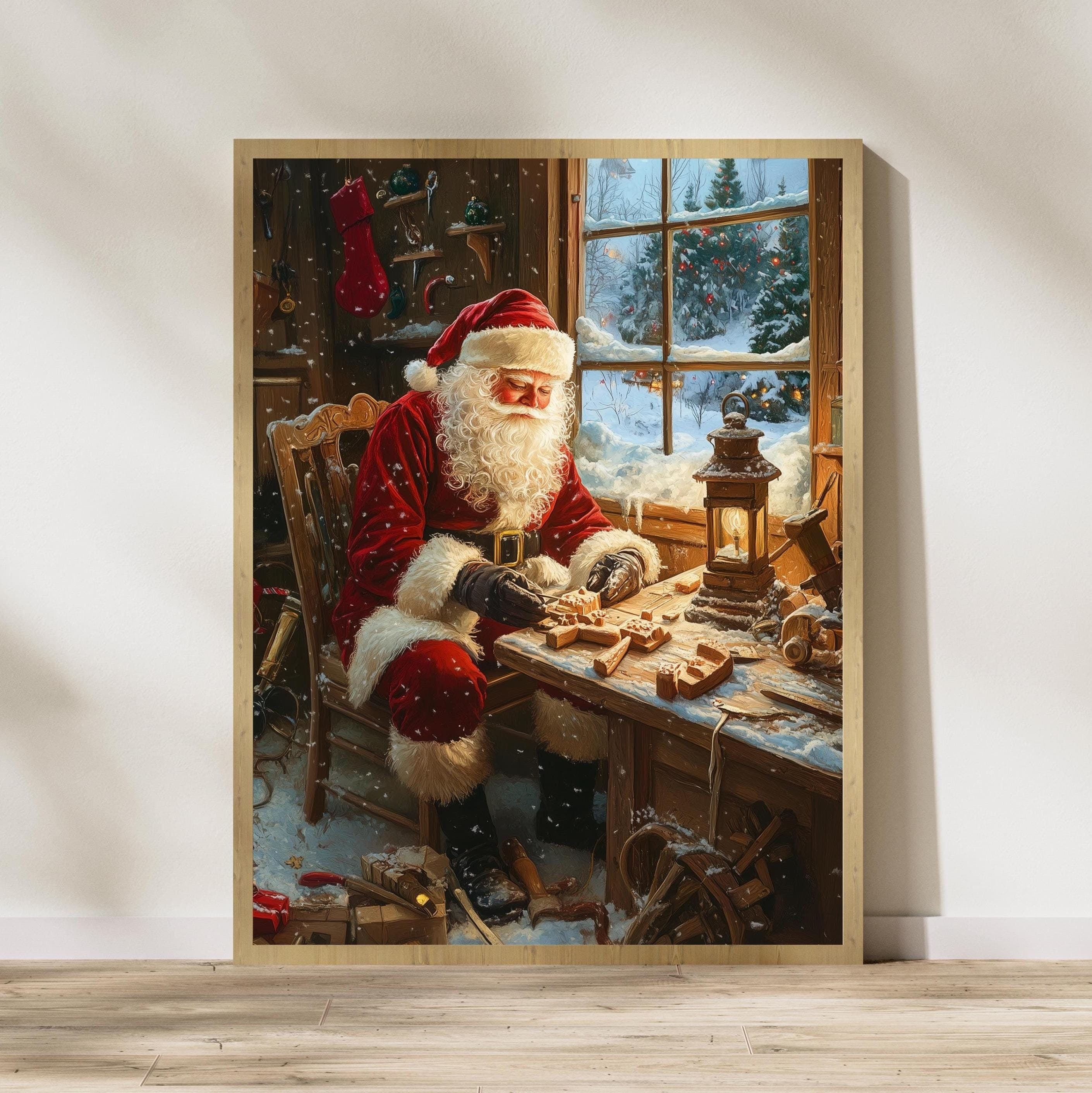 Santa Claus Crafting Wooden Toys - Rustic Christmas Wall Art Print, Digital Santa Claus Download, Vintage Christmas Home Decor, Santa Prints