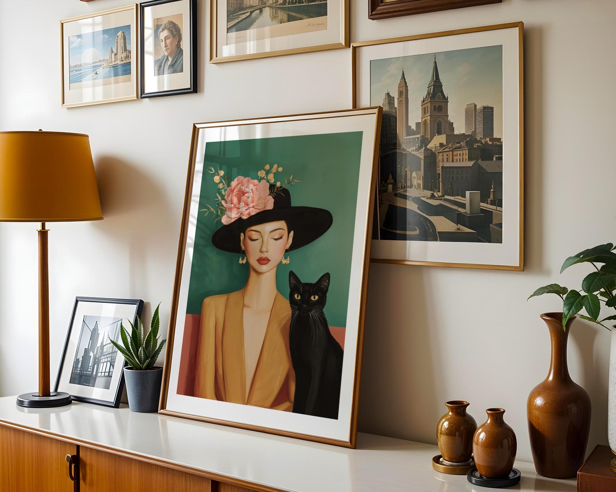Chic Female Portrait with Cat Art, Artistic Lady and Cat Print, Black Cat with Woman Illustration, Chic Modern Artwork, Stylish Digital Art - view 2