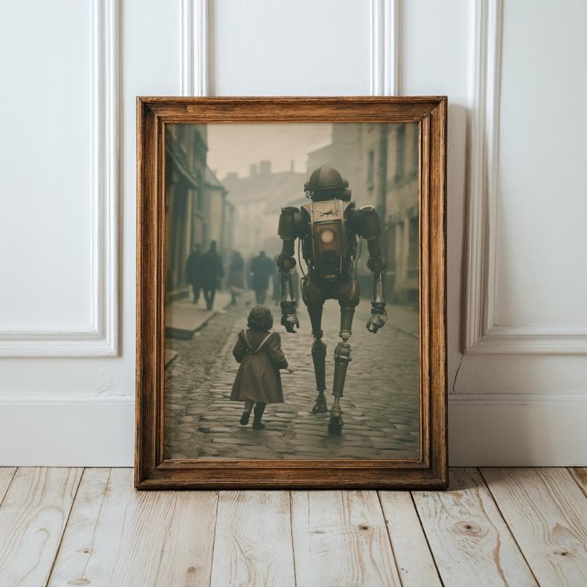 Surreal Robot and Child Print – Futuristic Steampunk Fantasy Artwork for Boys Room or Sci Fi Lovers, Whimsical Steampunk Wall Decor