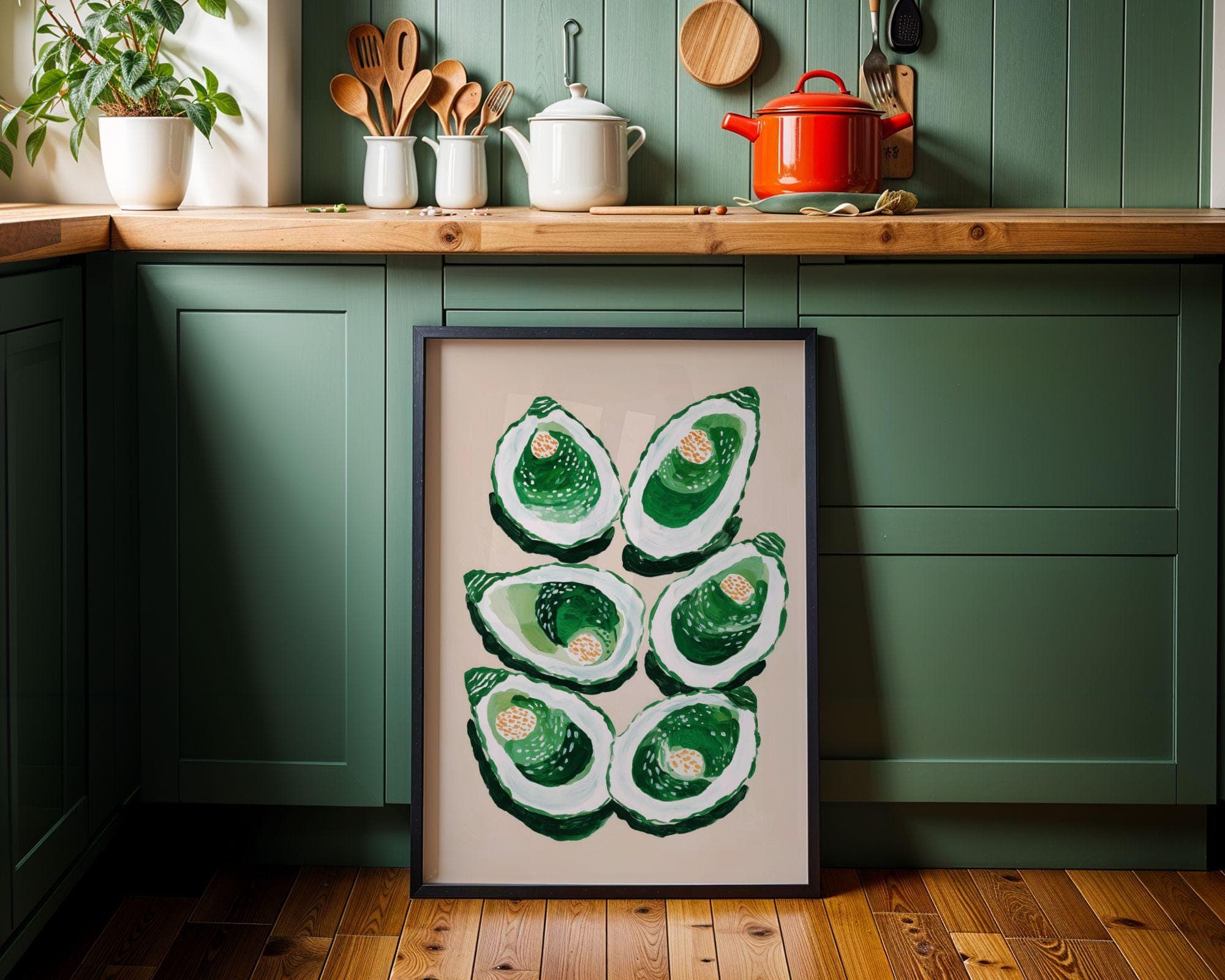 Original Oyster Wall Art | Emerald Green Acrylic Painting | Coastal Dining Room Decor | Kitchen Art Print | Seafood Art | | Food Lover Gift - view 3
