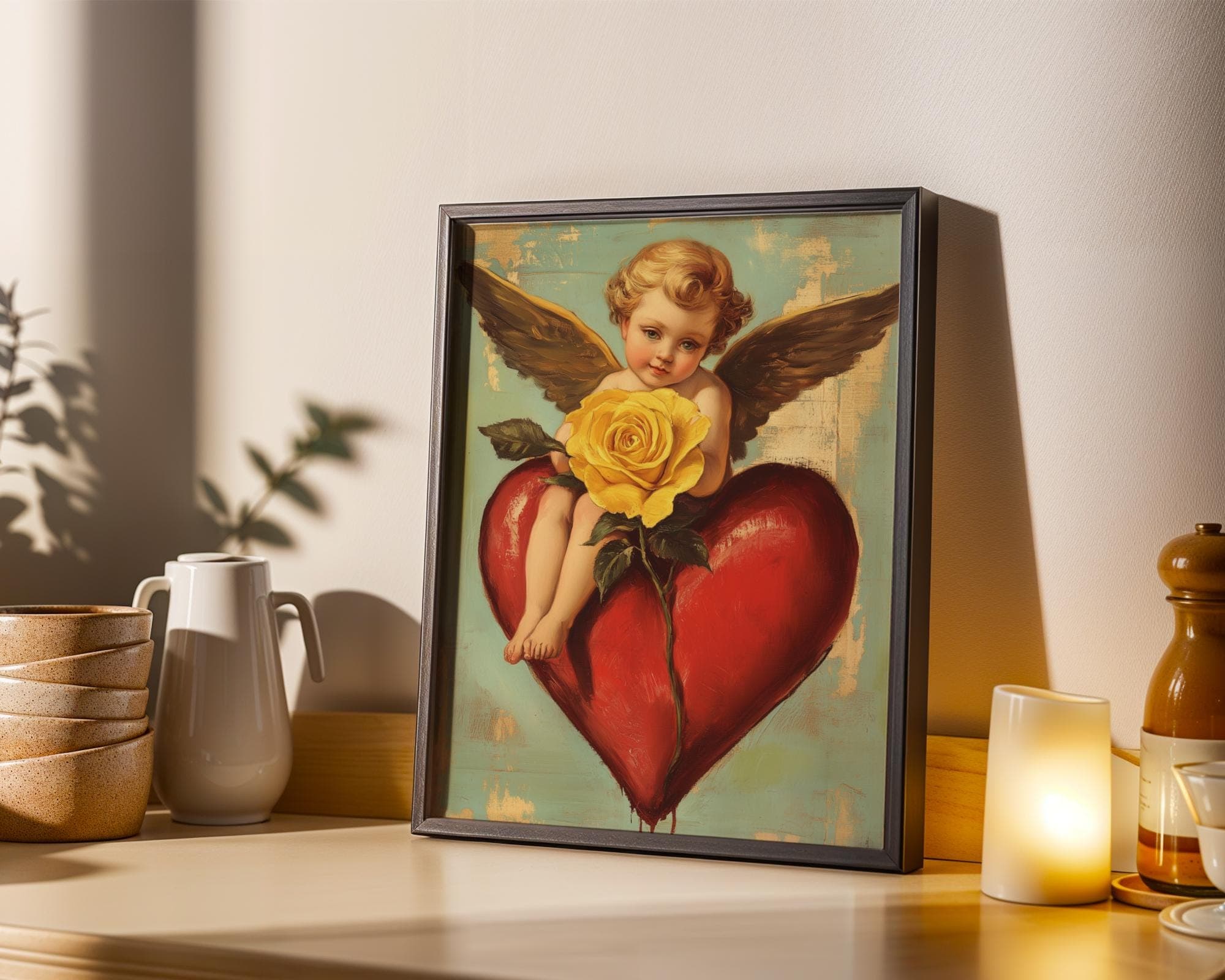 Romantic Angel Digital Print, Yellow Rose and Angel Art, Vintage Cherub Art Print, Valentine's Day Wall Decor, Coquette Room Decor, Digital - view 7