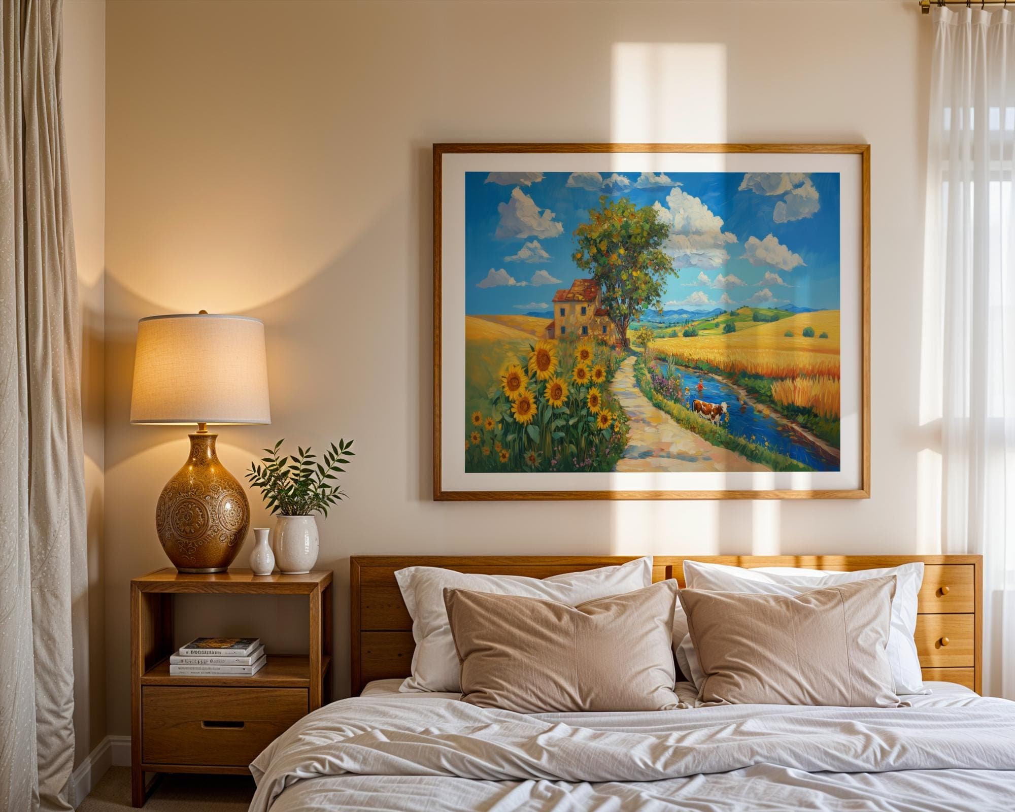 Sunflower Field Country Landscape Wall Art, River and Cow Summer Painting, Rustic Farmhouse Print for Kitchen or Cottage Style Decor - view 6