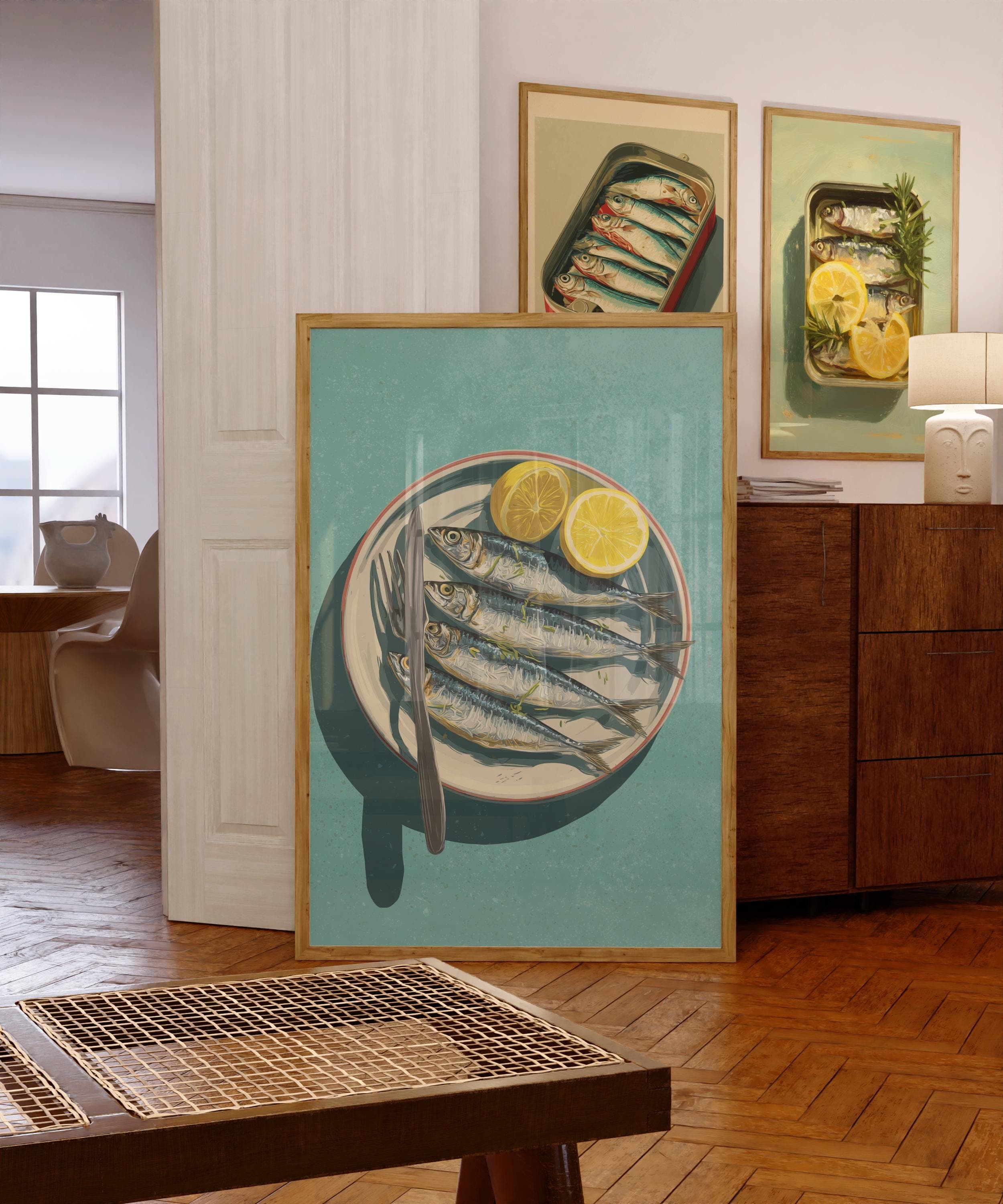 Mediterranean Sardine Plate – Rustic Coastal Kitchen Art, Mediterranean Coastal Wall Print, Sardines Painting, Digital Download, Sardine Art