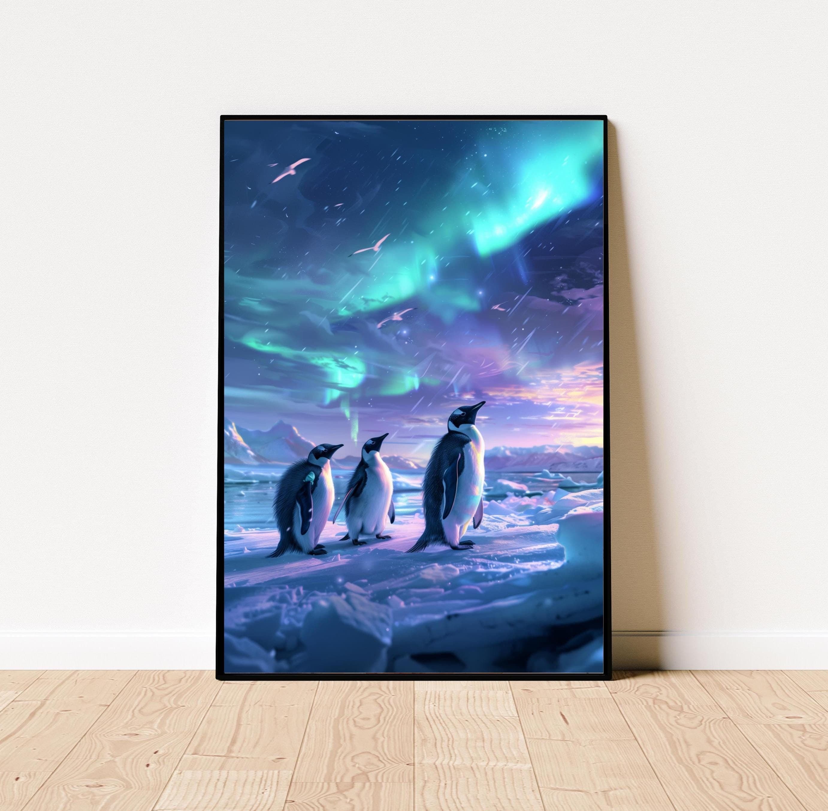 Aurora Penguins Poster, Kids Room Decor, Whimsical Penguin Art, Northern Lights Nursery Decor, Fantasy Kids Wall Art, Child's Room Decor