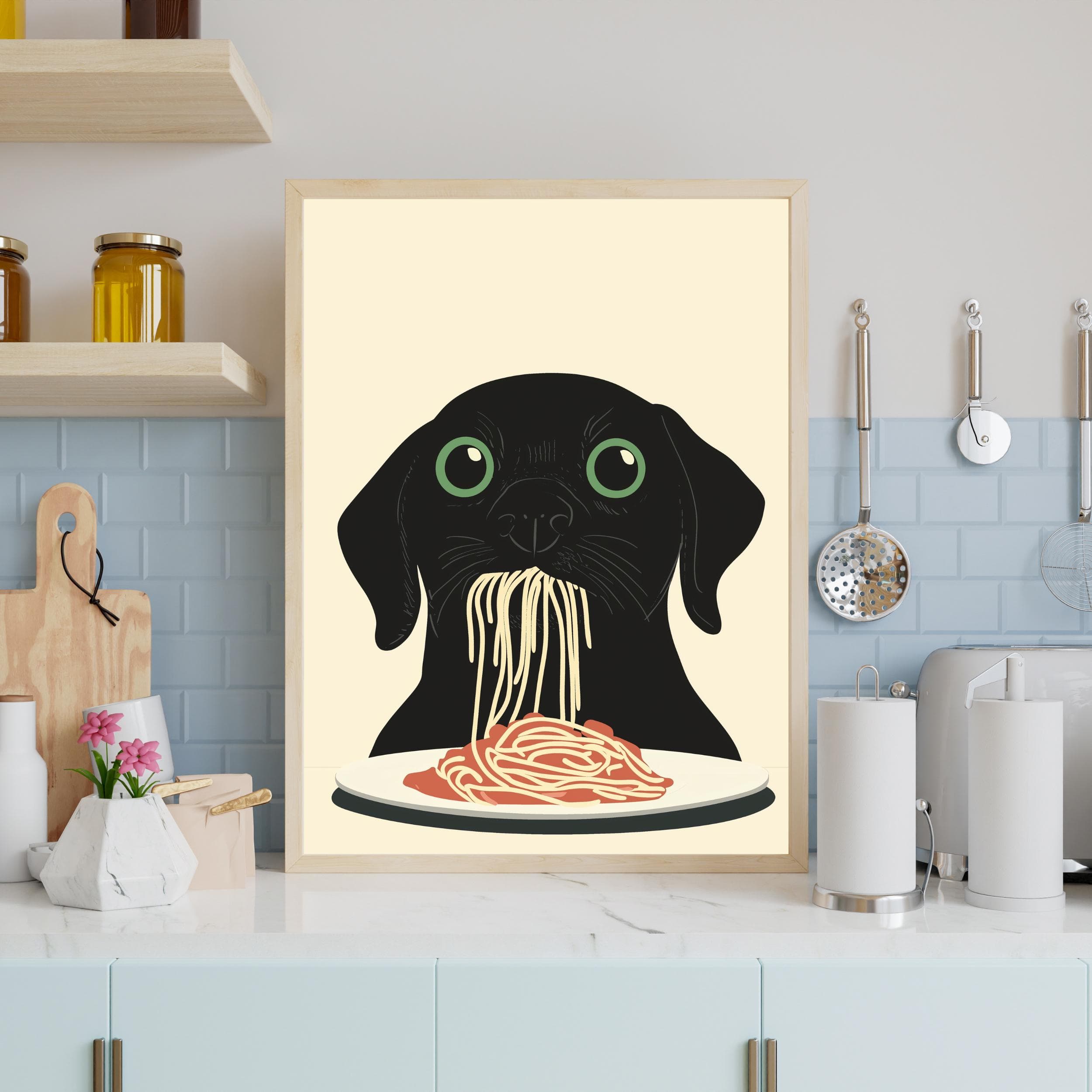 Black Dog Spaghetti Art Print,Whimsical Dog Kitchen Decor,Black Dog Pasta Print,Charming Dog Kitchen Print, Maximalist Dog Art, Dog Art - view 3