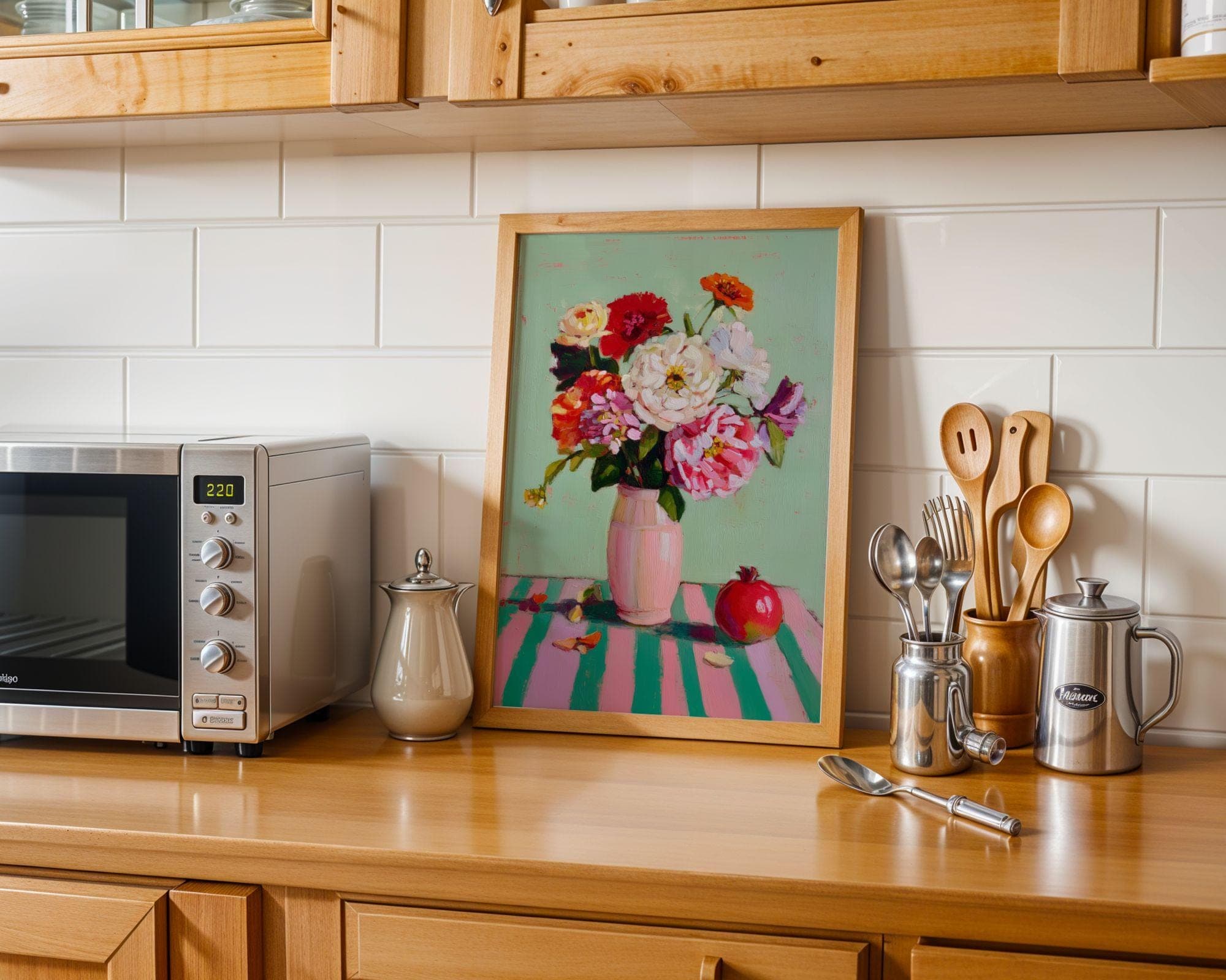 Colorful Floral Still Life Print – Pink Vase Bouquet, Mint Green Art for Kitchen, Colorful Floral Still Life Oil Painting Print, Flower Art - view 2