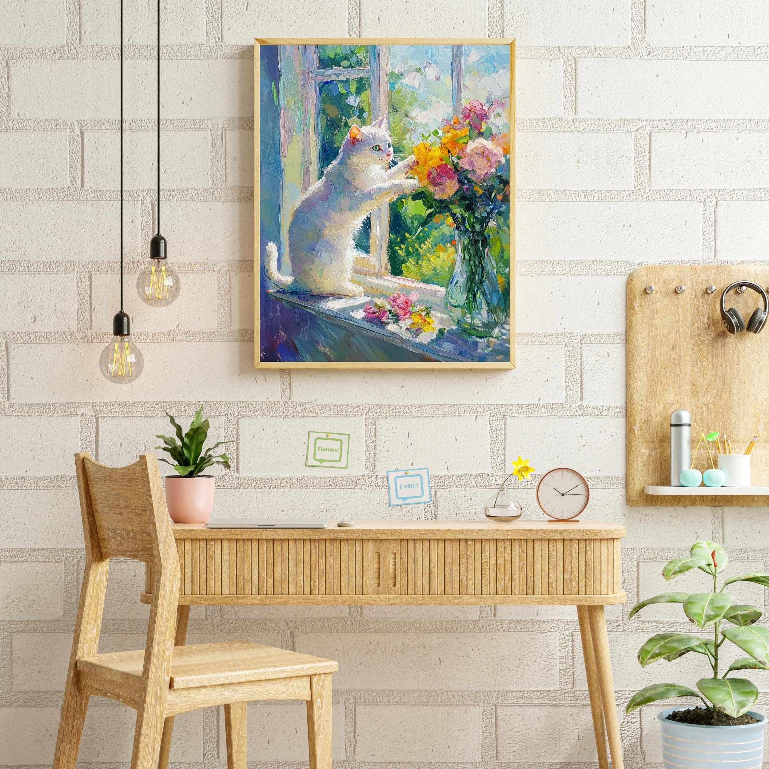 Whimsical White Cat Art, Colorful Oil Painting, White Cat and Flowers Digital Wall Art, Cat Mom Gift, Colorful Home Decor White Cat Painting - view 4
