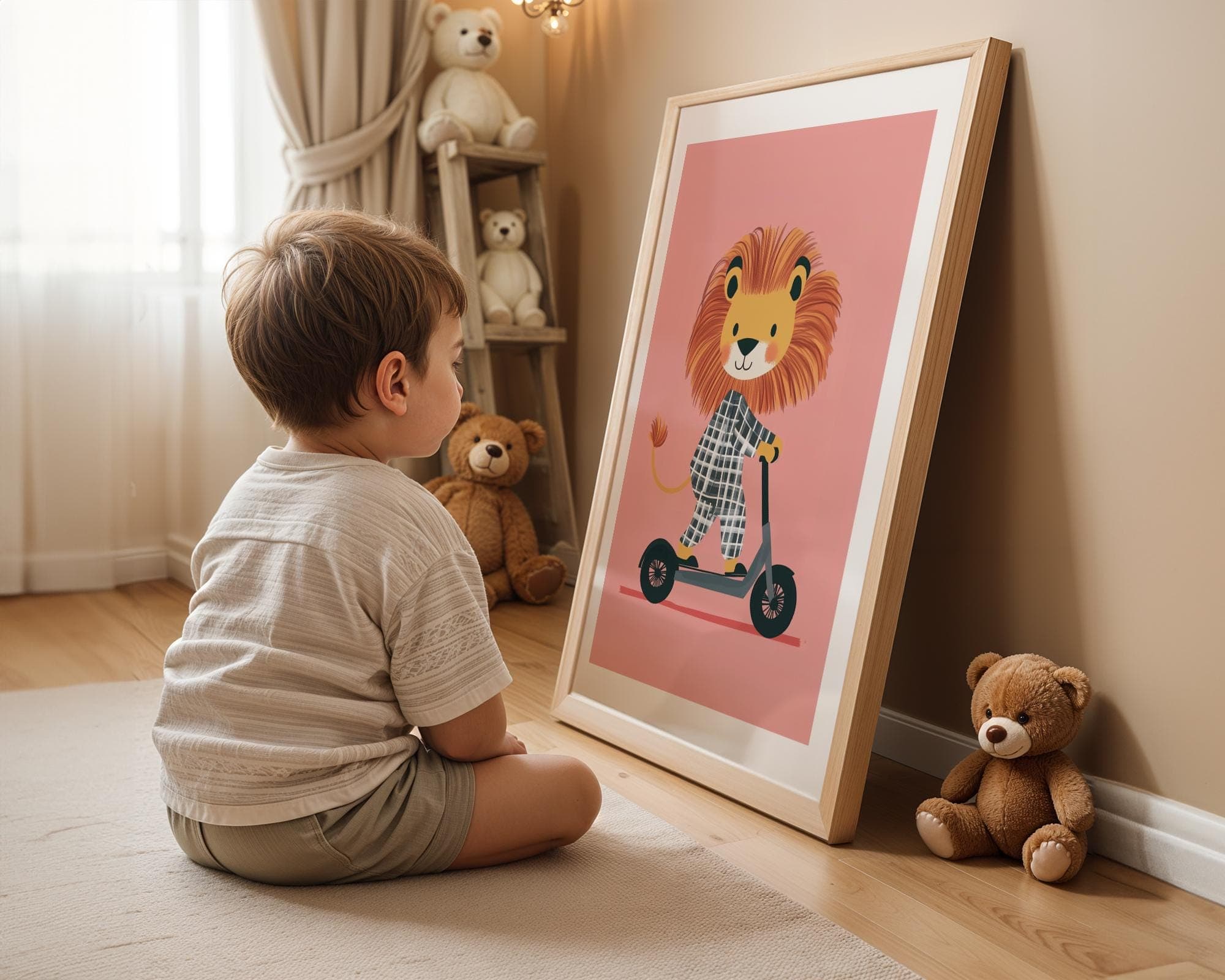 Lion on a Scooter Print, Eclectic Nursery Wall Art, Pink Playroom Boy's Room Prints, Printable Wall Art, Nurserywall Art Playful nursery art - view 6