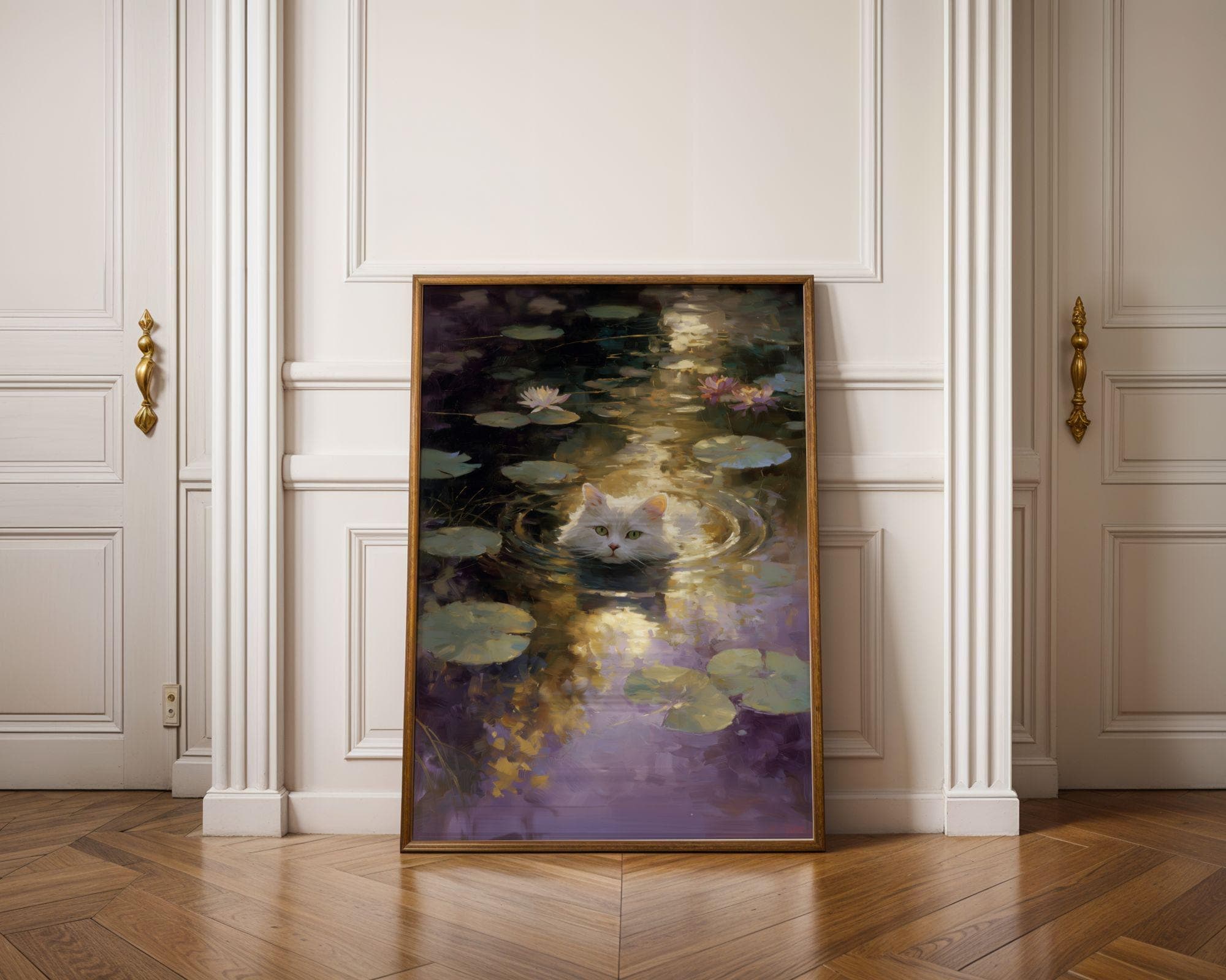 Dreamy White Cat Painting, Whimsical Cat Wall Art,Cottagecore Cat Poster, Dreamy Lily Pads, Pastel Cat Wall Art | Tranquil Pond Scene