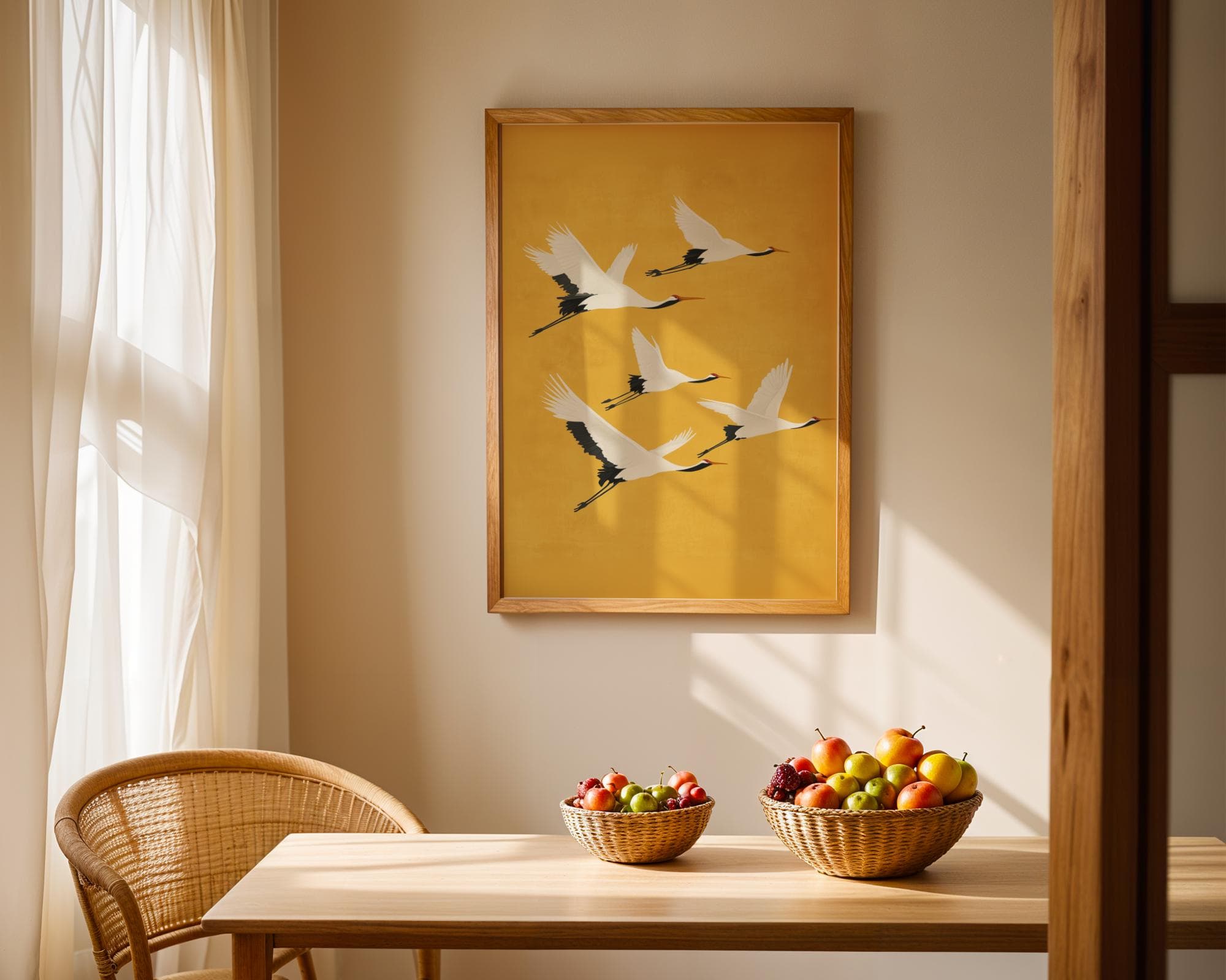 Flying Cranes on Golden Yellow, Japandi Digital Download, Japandi Decor, Boho Bird Art, Japanese Crane Wall Art, Wabi Sabi Wall Art - view 2