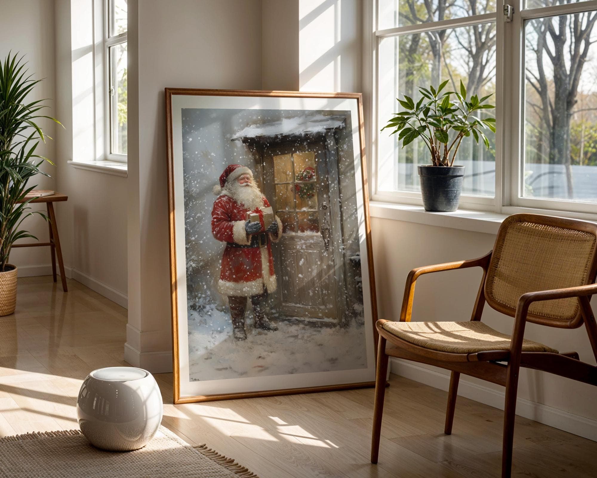 Santa with Gift at Door Art, Cozy Holiday Wall Canvas for Christmas, Rustic Santa Wall Art, Traditional Santa Claus Art, Digital Download - view 5