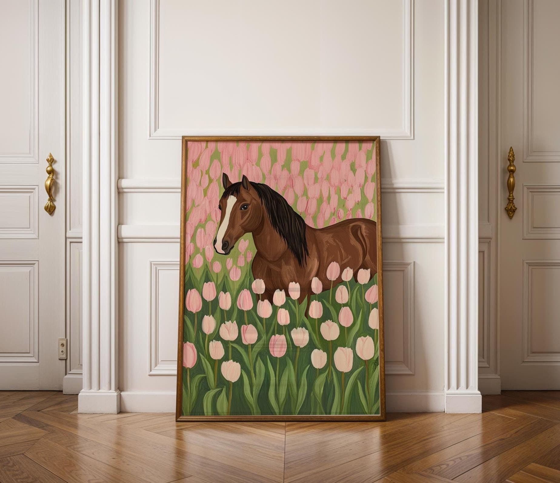 Floral Horse Art Print, Horse in Pink Tulip Field Poster, Farmhouse Horse and Floral Art, Pink Tulip Wall Decor, Pink Wall Art,Horse Digital