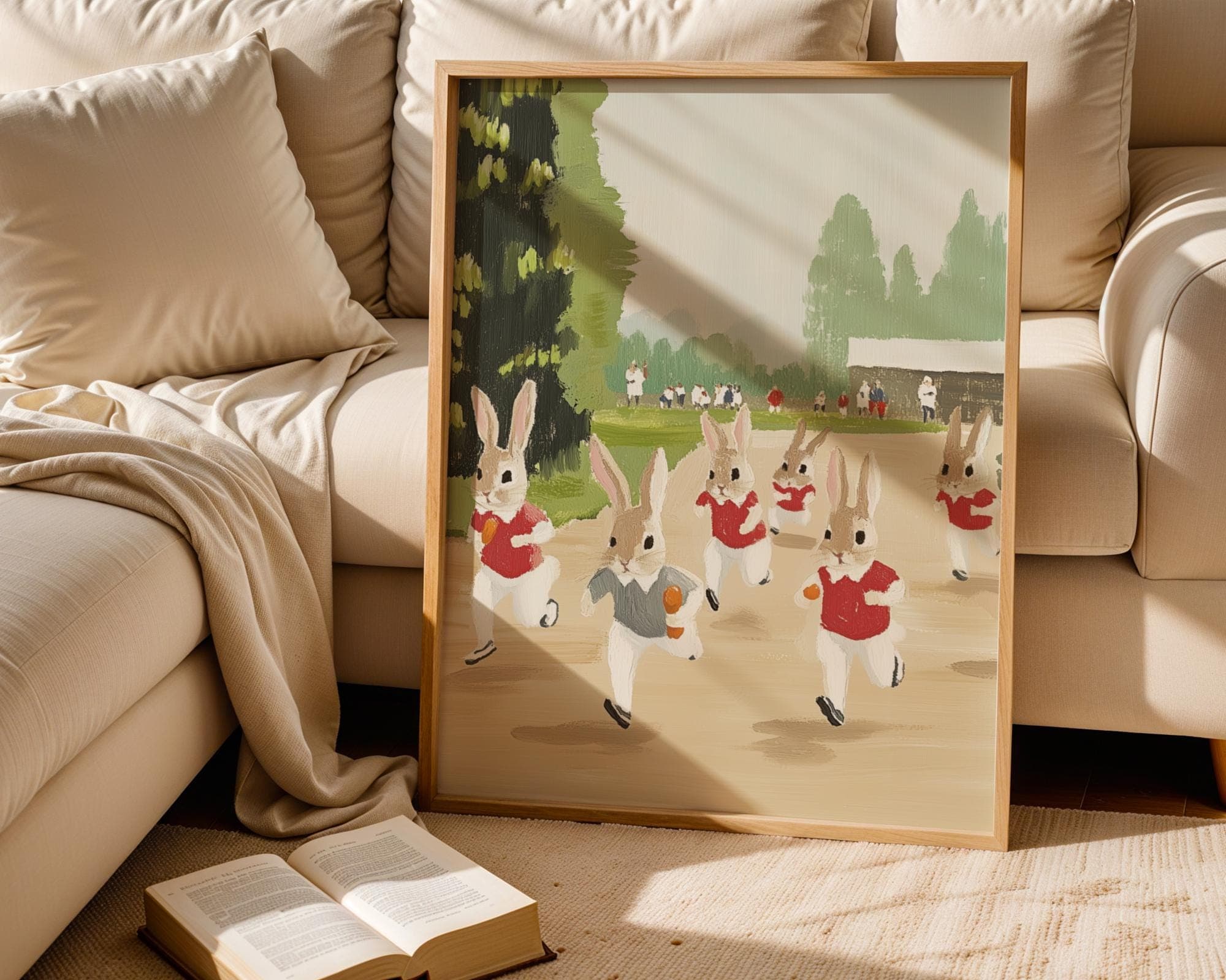 Vintage Bunny Race Wall Art - Whimsical Rabbit Sports Painting for Kids Room & Nursery Decor, Sports Art Print for Kids Room,Bunny Art Print - view 2
