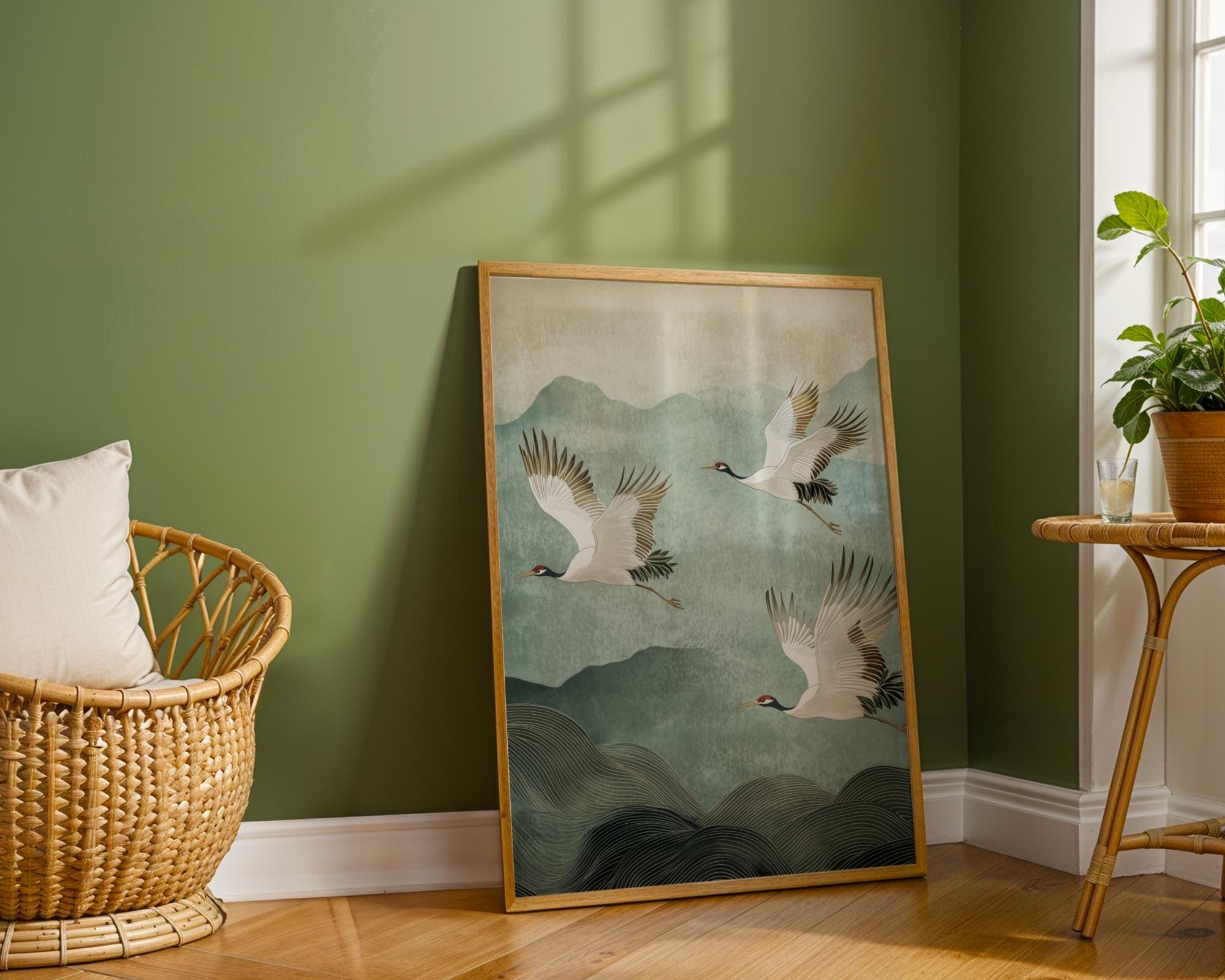Japandi Wall Art, Japanese Crane Print, Zen Wall Art, Minimalist Bird Poster, Traditional Japanese Art, Wabi Sabi Wall Art, Soft Green Art - view 6
