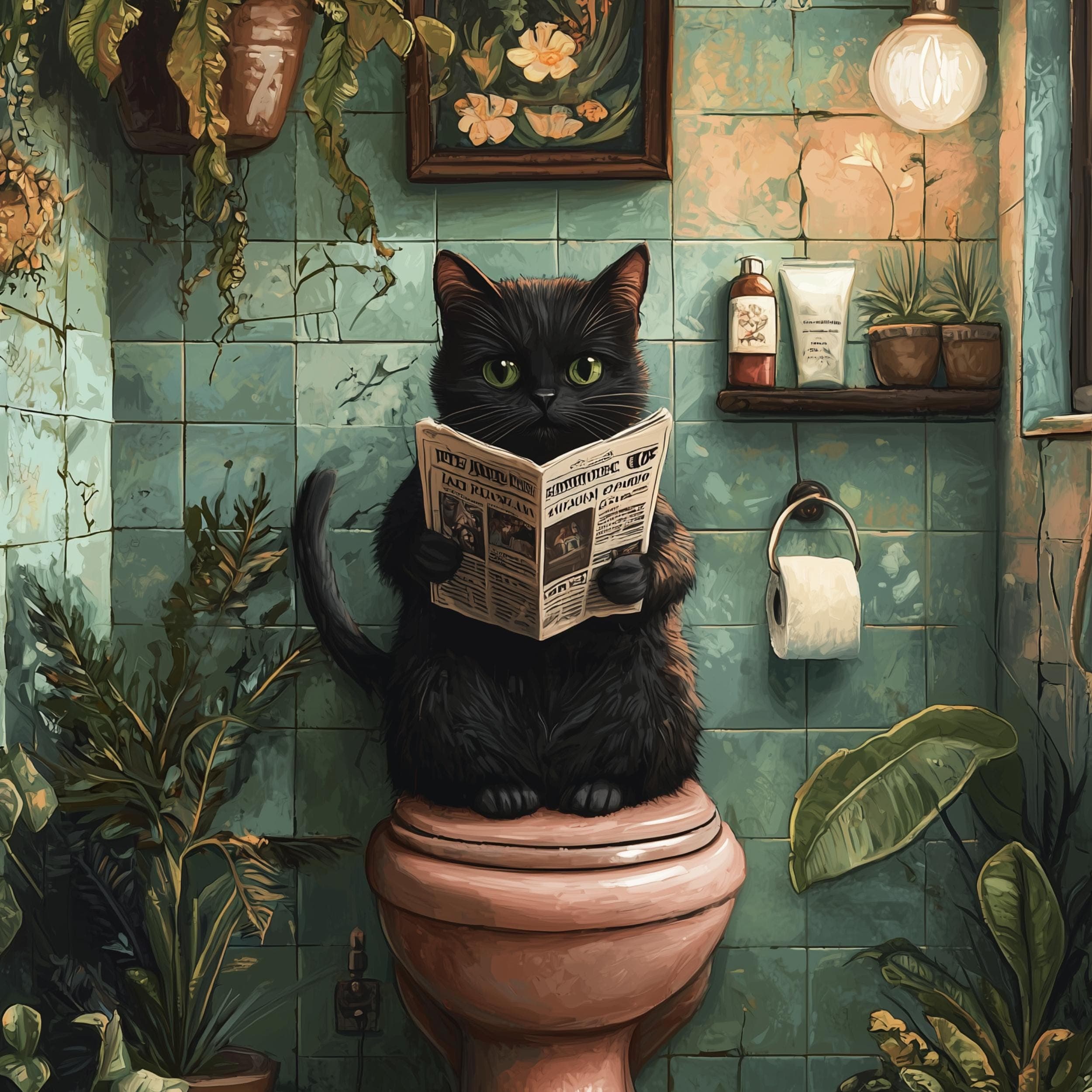 Vintage Black Cat Bathroom Wall Art, Toilet Fun Wall Art, Funny Black Cat Bathroom Art, Quirky Bathroom Wall Decor, Whimsical Bathroom Print - view 2