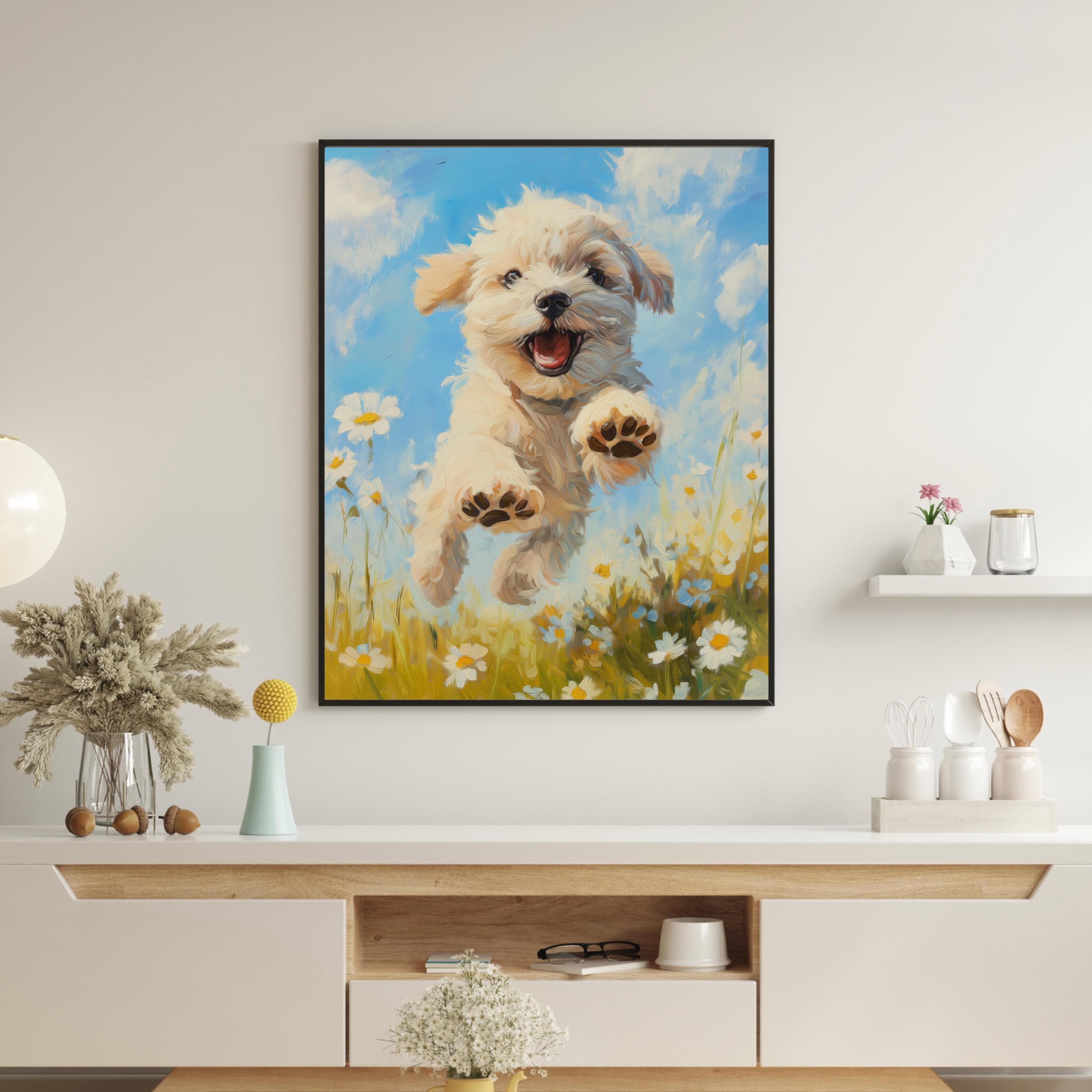 Colorful Puppy Wall Art, Colorful Dog Print, Oil Painting, Playful Dog Art Print, Nursery Wall Decor, Cute Dog Wall Art, Preppy Room Decor - view 7