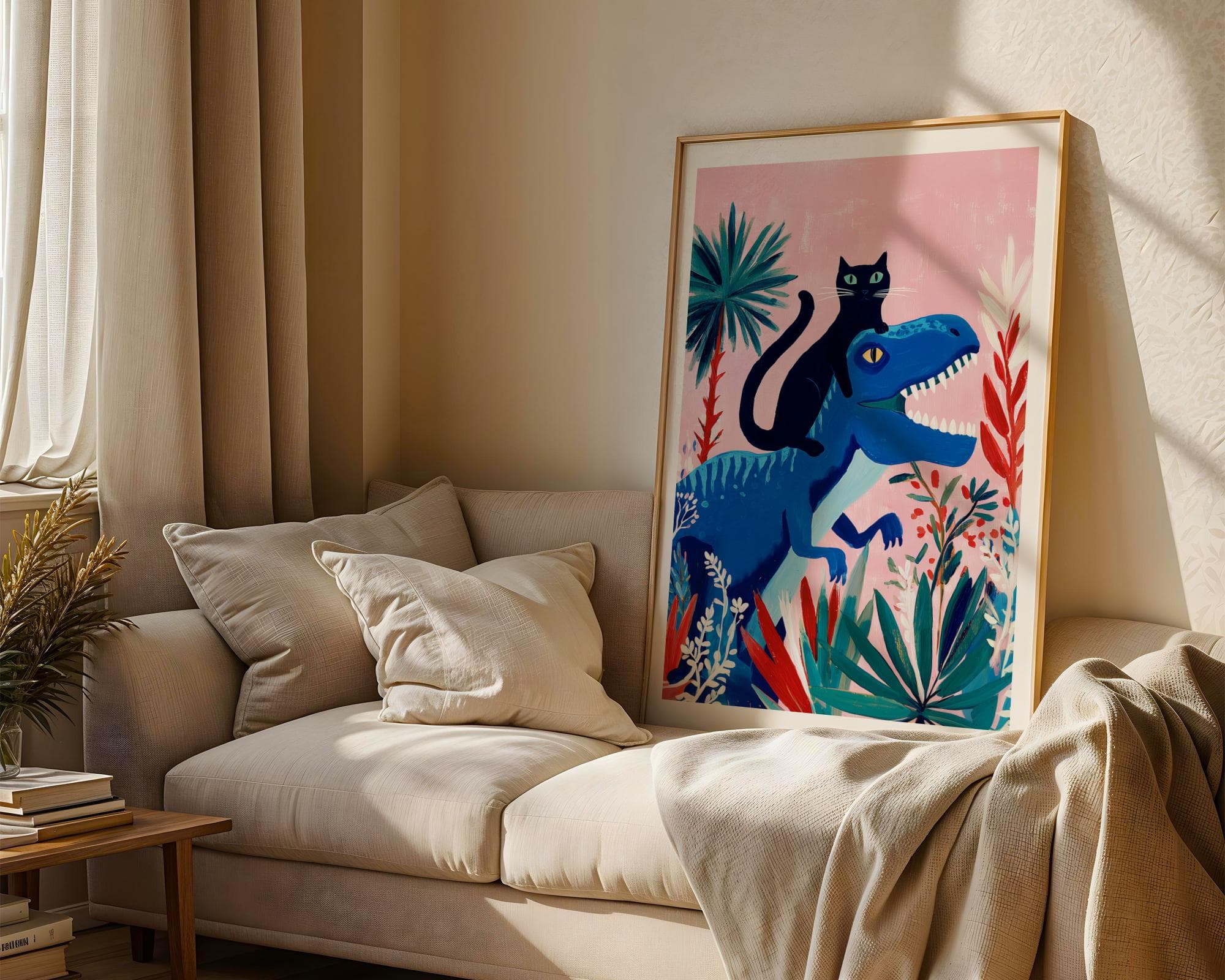 Whimsical Cat Riding Dinosaur Wall Art, Whimsical Black Cat Wall Art, Funny Black Cat Art, Digital Download, Cat and Dino Print, Printable - view 3