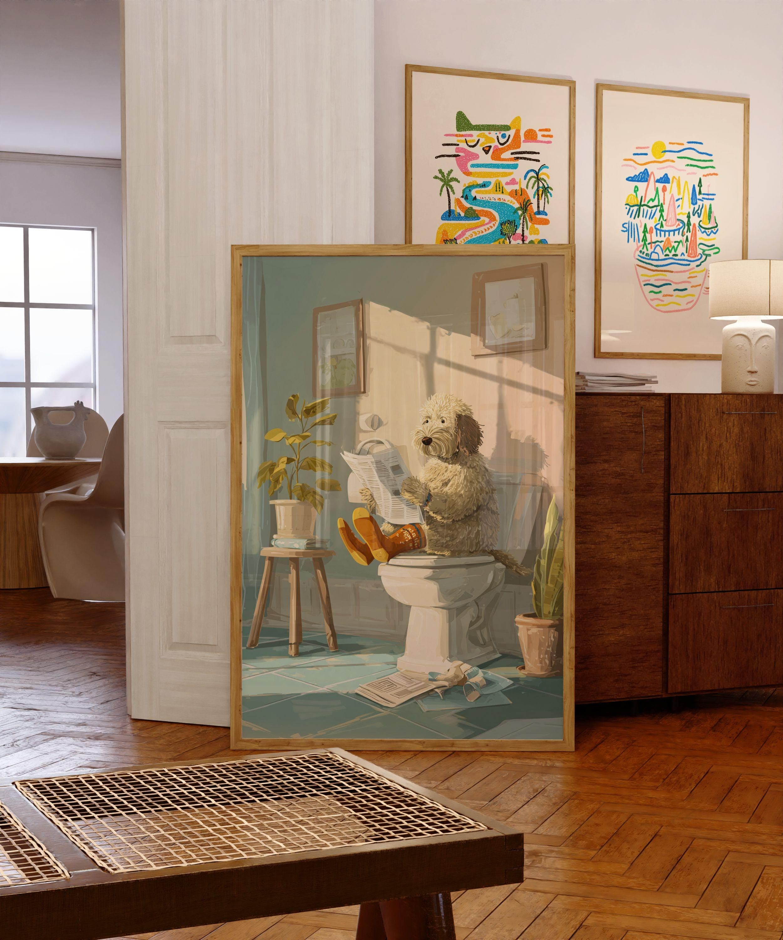 Funny Bathroom Dog Wall Art Print, Whimsical Poodle Reading Newspaper on Toilet, Funny Bathroom Dog Poster Print, Quirky Bathroom Poster